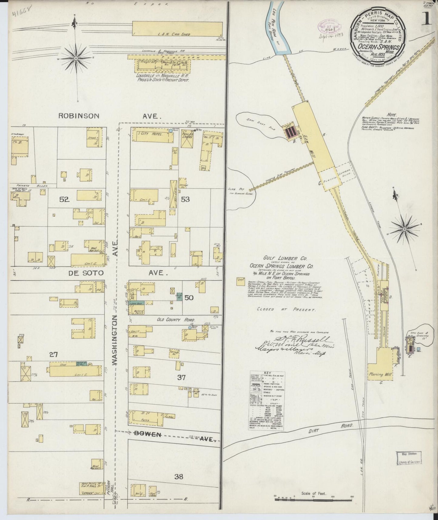 Sanborn Fire Insurance Map from Ocean Springs, Jackson County, Mississippi (1893), Sheet #0001 - Historic Sanborn Fire Insurance Map Print, vintage old map wall art, antique decor, genealogy gift, Mississippi Mississippi map