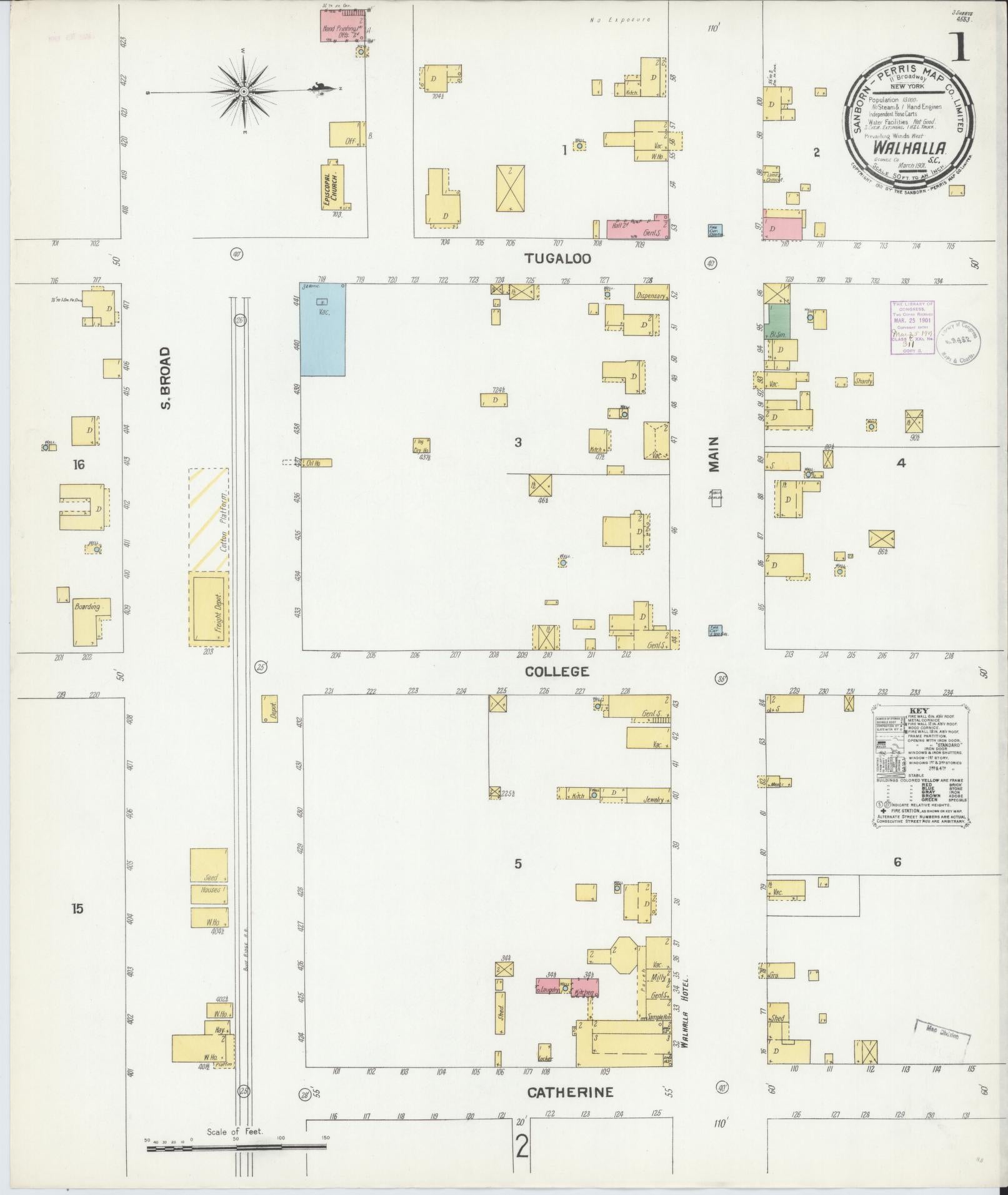 Sanborn Fire Insurance Map from Walhalla, Oconee County, South Carolina (1901), Sheet #0001 - Historic Sanborn Fire Insurance Map Print, vintage old map wall art, antique decor, genealogy gift, South Carolina South Carolina map