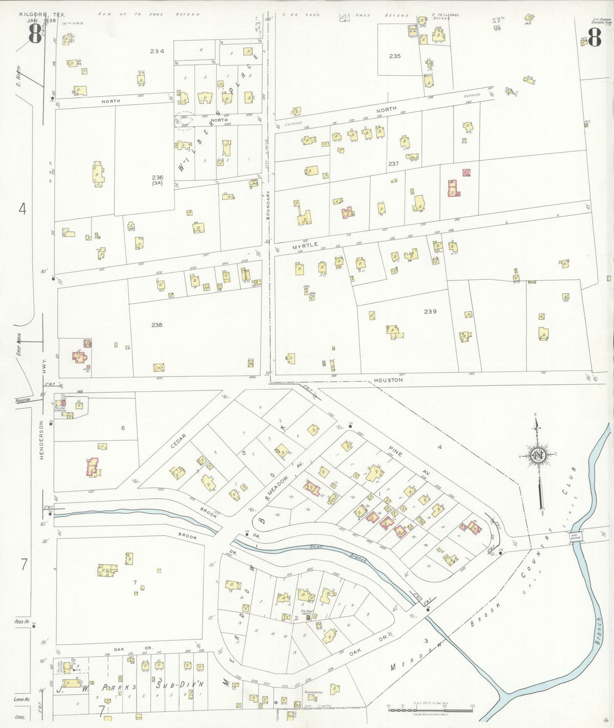 Sanborn Fire Insurance Map from Kilgore, Gregg County, Texas (1936), Sheet #0008 - Historic Sanborn Fire Insurance Map Print, vintage old map wall art, antique decor, genealogy gift, Texas Texas map