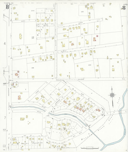 Sanborn Fire Insurance Map from Kilgore, Gregg County, Texas (1936), Sheet #0008 - Historic Sanborn Fire Insurance Map Print, vintage old map wall art, antique decor, genealogy gift, Texas Texas map