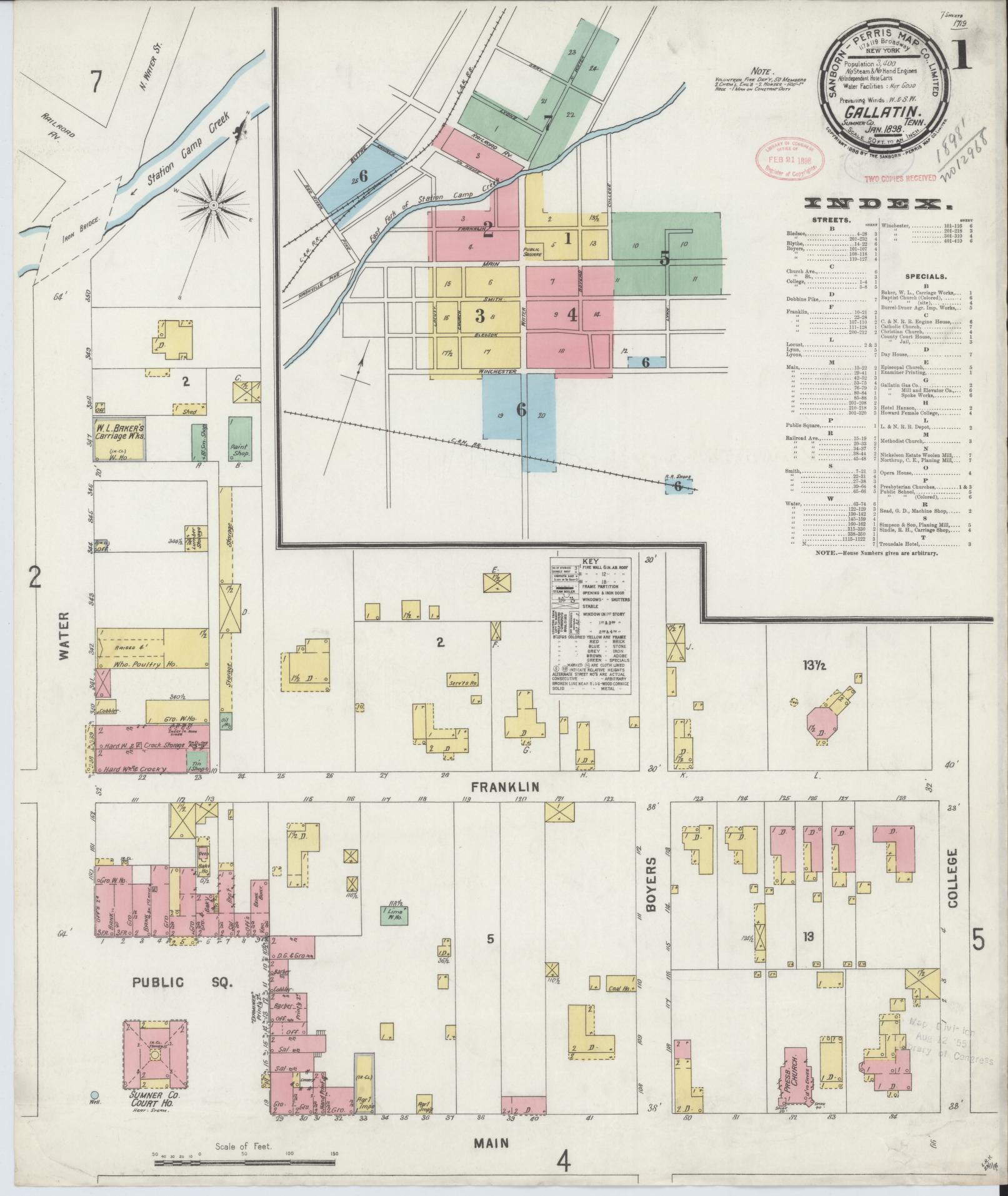 Sanborn Fire Insurance Map from Gallatin, Sumner County, Tennessee (1898), Sheet #0001 - Complete Map Set gallery image, historic Sanborn map, vintage wall art, Tennessee Tennessee