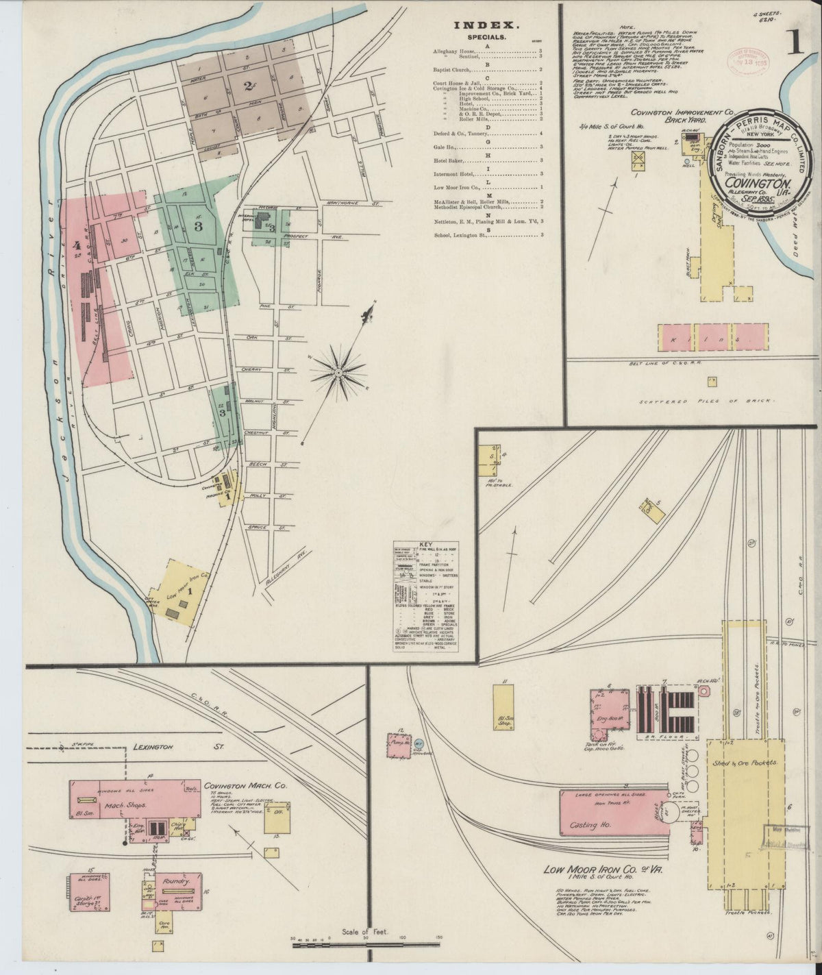 Sanborn Fire Insurance Map from Covington, Independent Cities, Virginia (1895), Sheet #0001 - Complete Map Set gallery image, historic Sanborn map, vintage wall art, Virginia Virginia