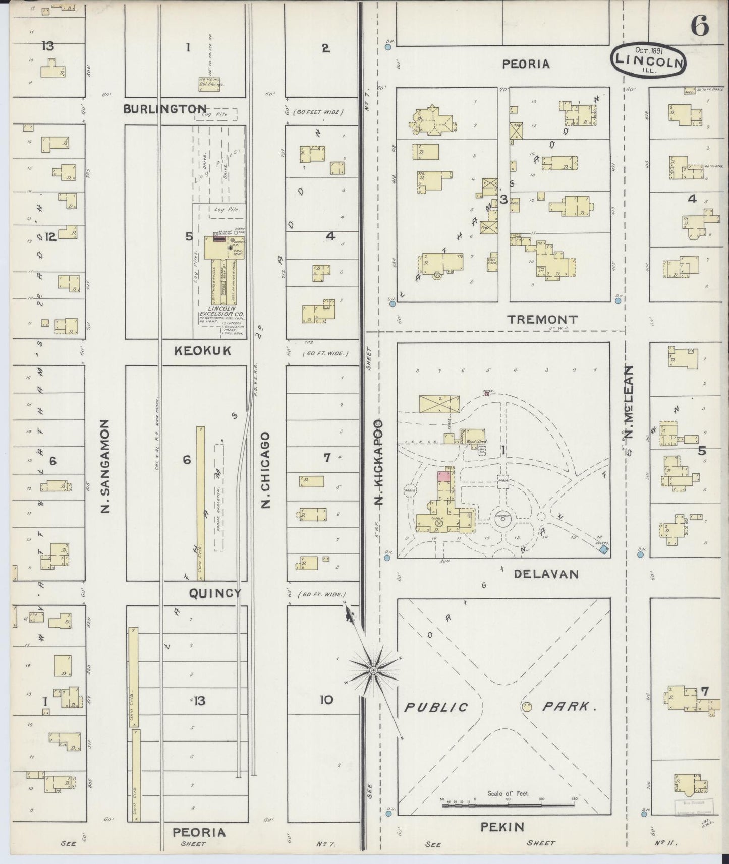 Sanborn Fire Insurance Map from Lincoln, Logan County, Illinois (1891), Sheet #0006 - Complete Map Set gallery image, historic Sanborn map, vintage wall art, Illinois Illinois