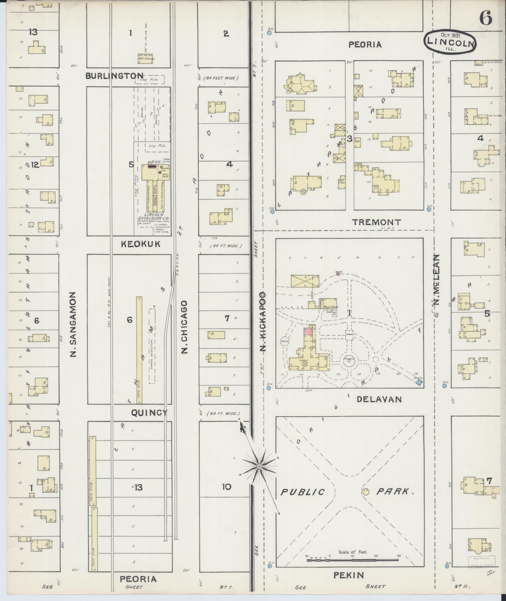 Sanborn Fire Insurance Map from Lincoln, Logan County, Illinois (1891), Sheet #0006 - Complete Map Set gallery image, historic Sanborn map, vintage wall art, Illinois Illinois