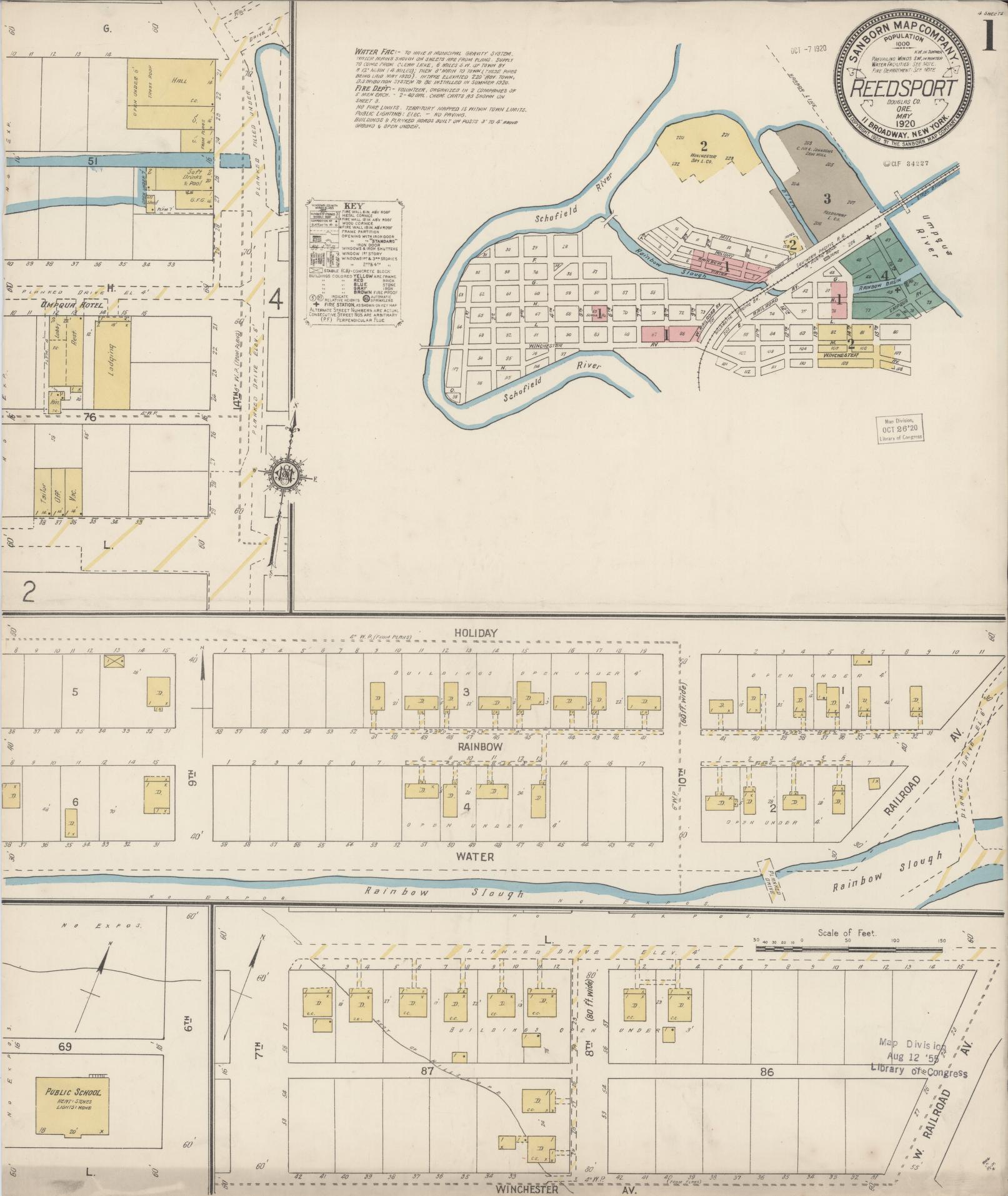 Sanborn Fire Insurance Map from Reedsport, Douglas County, Oregon (1920), Sheet #0001 - Historic Sanborn Fire Insurance Map Print, vintage old map wall art, antique decor, genealogy gift, Oregon Oregon map