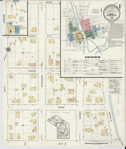 Sanborn Fire Insurance Map from Lowell, Kent County, Michigan (1918), Sheet #0001 - Historic Sanborn Fire Insurance Map Print, vintage old map wall art, antique decor, genealogy gift, Michigan Michigan map