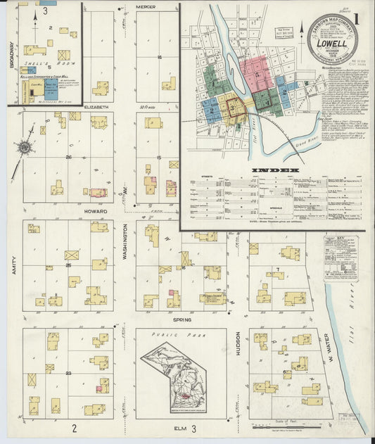 Sanborn Fire Insurance Map from Lowell, Kent County, Michigan (1918), Sheet #0001 - Historic Sanborn Fire Insurance Map Print, vintage old map wall art, antique decor, genealogy gift, Michigan Michigan map