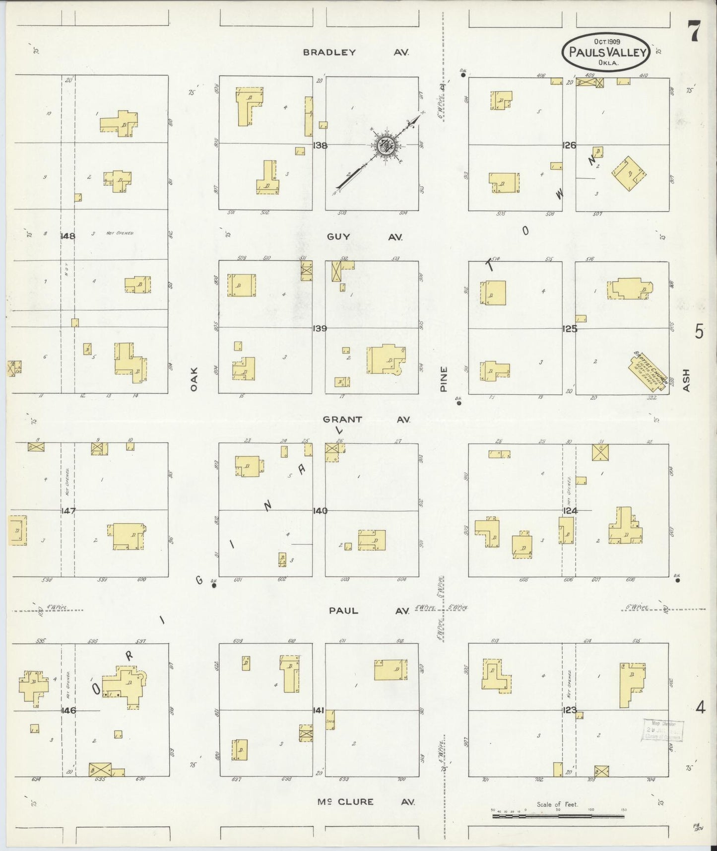Sanborn Fire Insurance Map from Pauls Valley, Garvin County, Oklahoma (1909), Sheet #0007 - Historic Sanborn Fire Insurance Map Print, vintage old map wall art, antique decor, genealogy gift, Oklahoma Oklahoma map