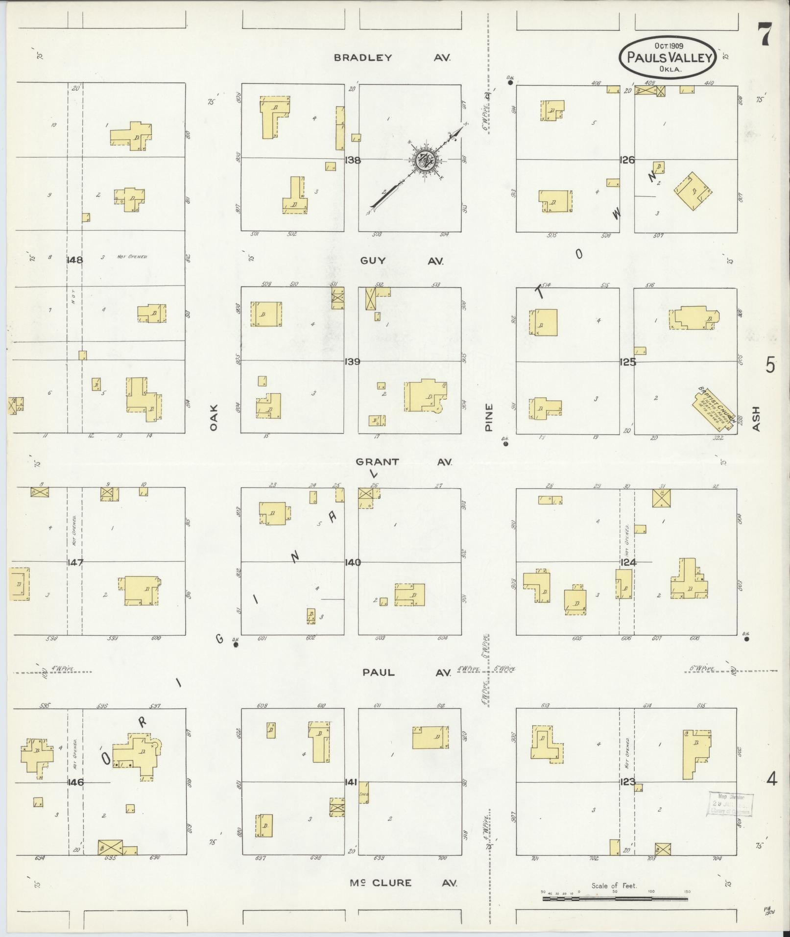 Sanborn Fire Insurance Map from Pauls Valley, Garvin County, Oklahoma (1909), Sheet #0007 - Historic Sanborn Fire Insurance Map Print, vintage old map wall art, antique decor, genealogy gift, Oklahoma Oklahoma map