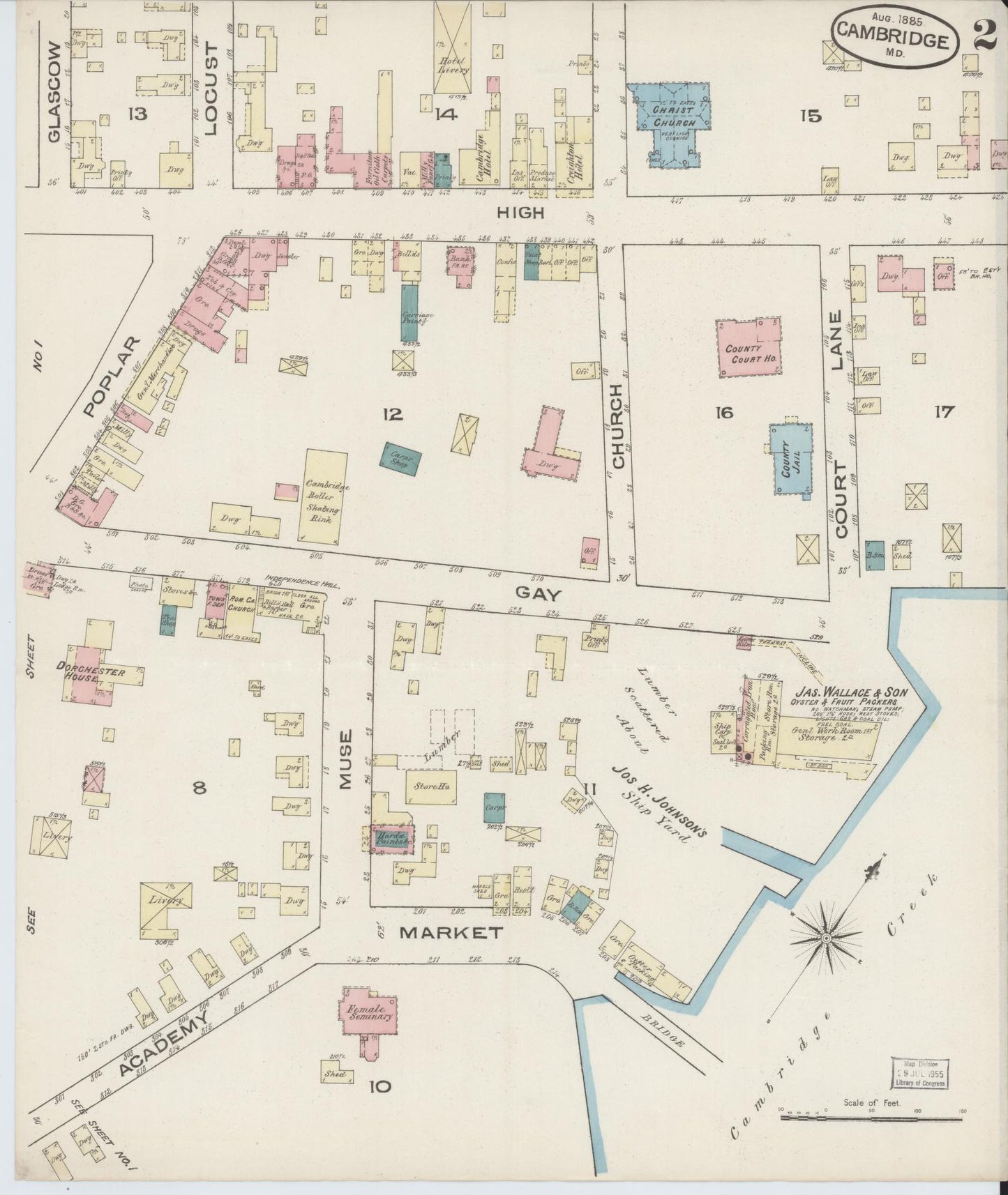 Sanborn Fire Insurance Map from Cambridge, Dorchester County, Maryland (1885), Sheet #0002 - Historic Sanborn Fire Insurance Map Print, vintage old map wall art, antique decor, genealogy gift, Maryland Maryland map