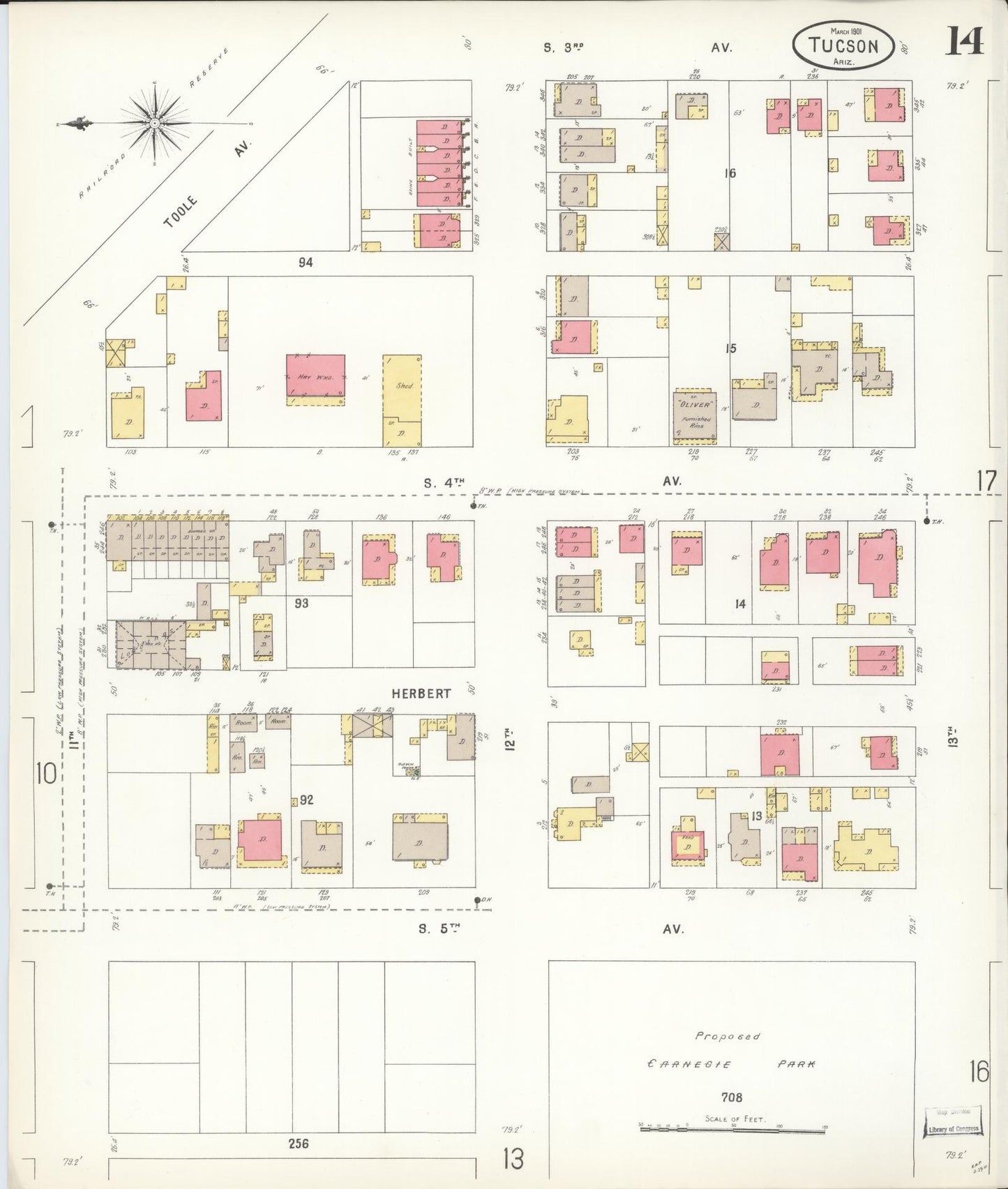 Sanborn Fire Insurance Map from Tucson, Pima County, Arizona (1901), Sheet #0014 - Historic Sanborn Fire Insurance Map Print, vintage old map wall art, antique decor, genealogy gift, Arizona Arizona map