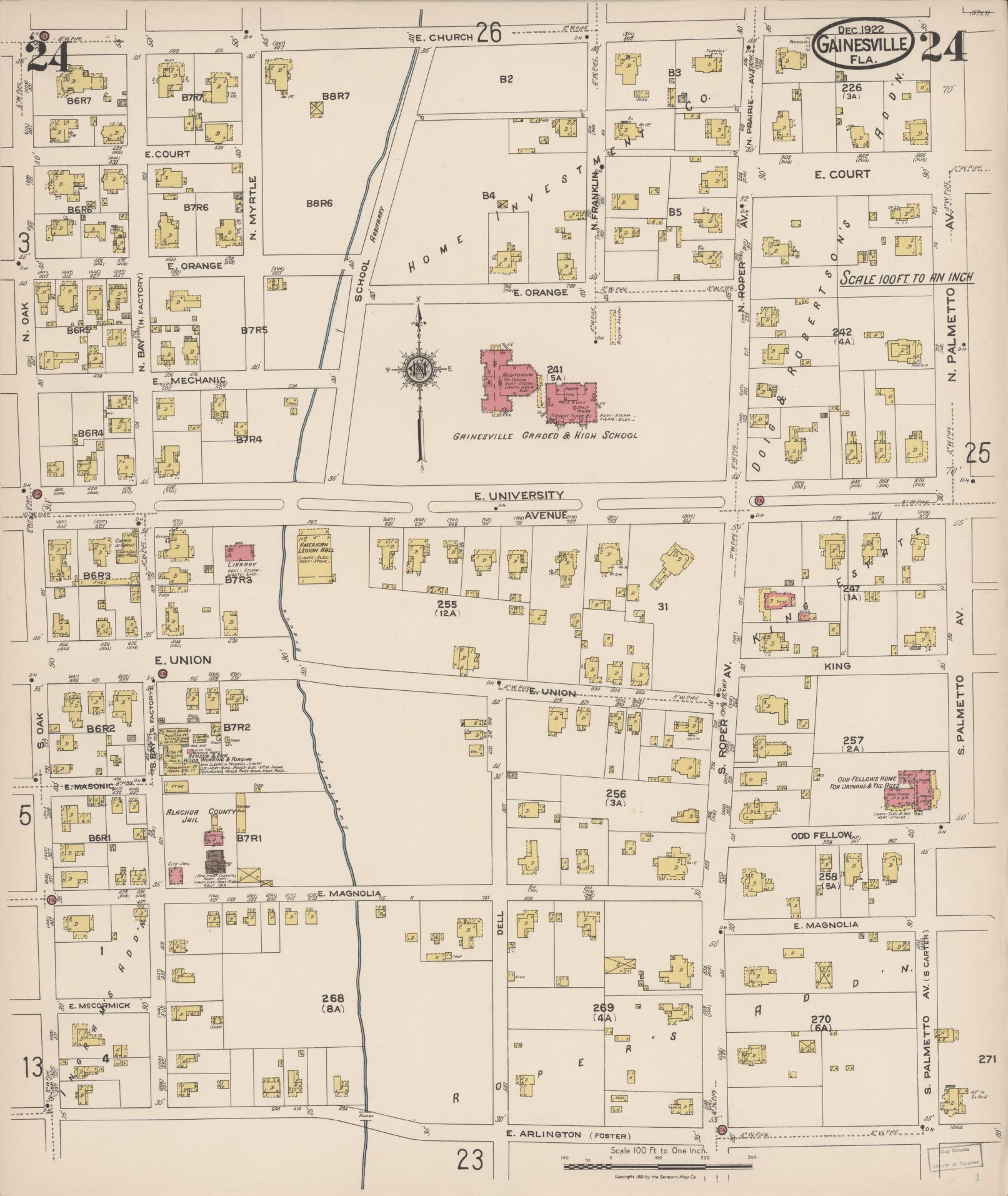 Sanborn Fire Insurance Map from Gainesville, Alachua County, Florida (1922), Sheet #0024 - Complete Map Set gallery image, historic Sanborn map, vintage wall art, Florida Florida