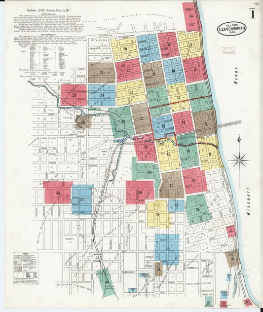 Sanborn Fire Insurance Map from Leavenworth, Leavenworth County, Kansas (1905), Sheet #0002 - Historic Sanborn Fire Insurance Map Print, vintage old map wall art, antique decor, genealogy gift, Kansas Kansas map