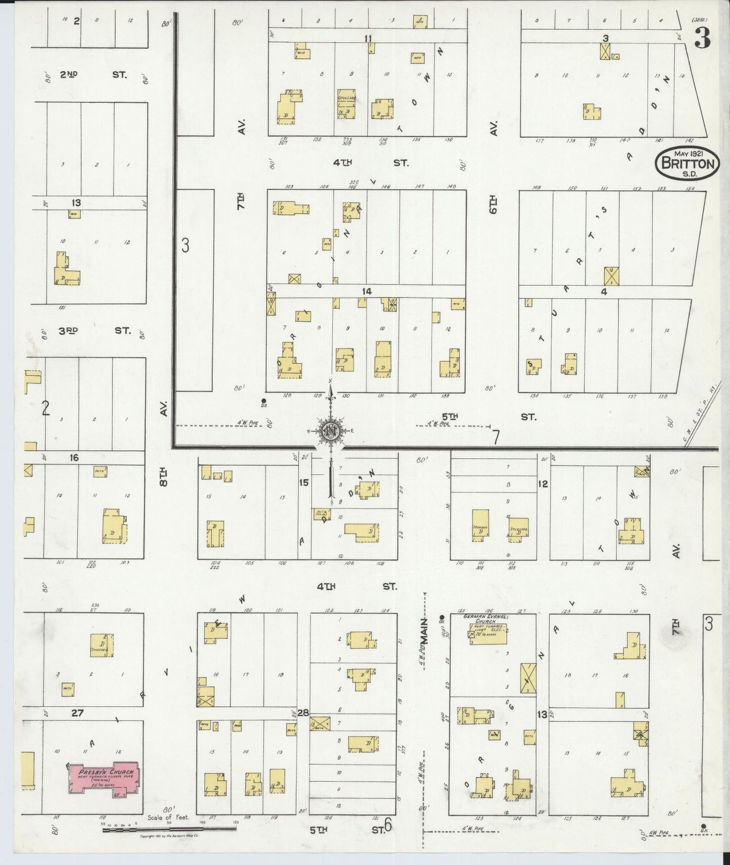 Sanborn Fire Insurance Map from Britton, Marshall County, South Dakota (1921), Sheet #0003 - Historic Sanborn Fire Insurance Map Print, vintage old map wall art, antique decor, genealogy gift, South Dakota South Dakota map