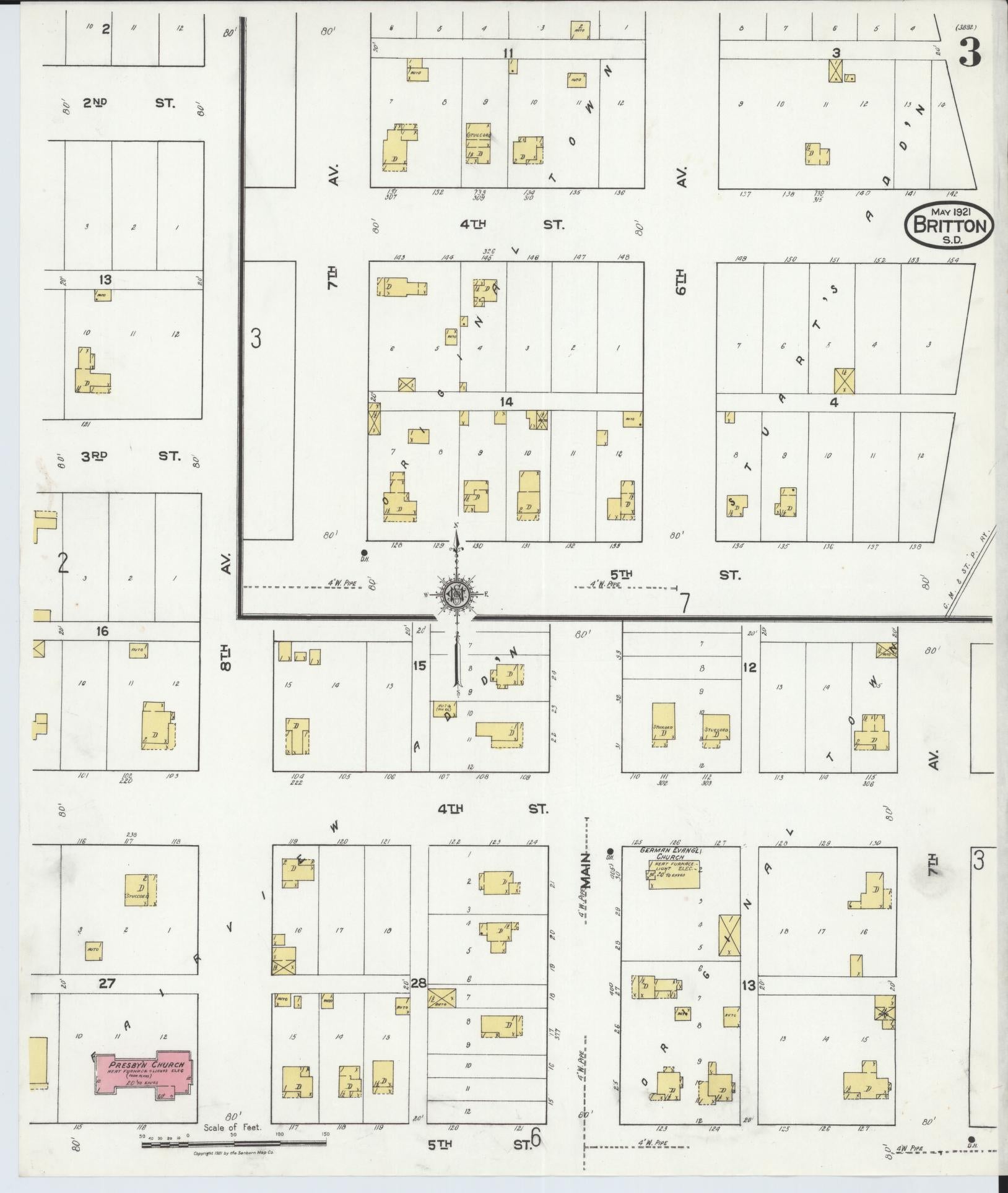Sanborn Fire Insurance Map from Britton, Marshall County, South Dakota (1921), Sheet #0003 - Historic Sanborn Fire Insurance Map Print, vintage old map wall art, antique decor, genealogy gift, South Dakota South Dakota map