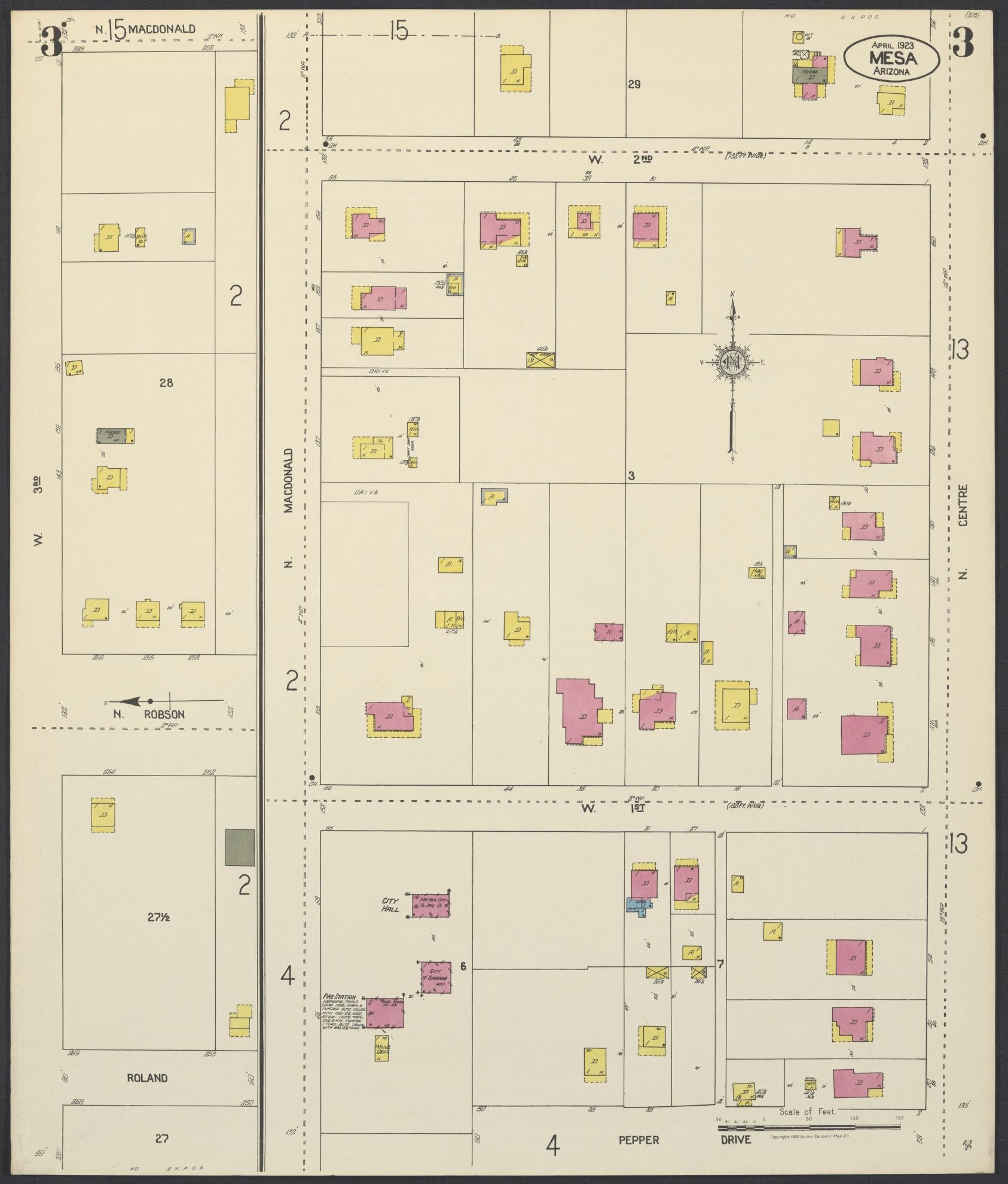 Sanborn Fire Insurance Map from Mesa, Maricopa County, Arizona (1923), Sheet #0003 - Historic Sanborn Fire Insurance Map Print, vintage old map wall art, antique decor, genealogy gift, Arizona Arizona map