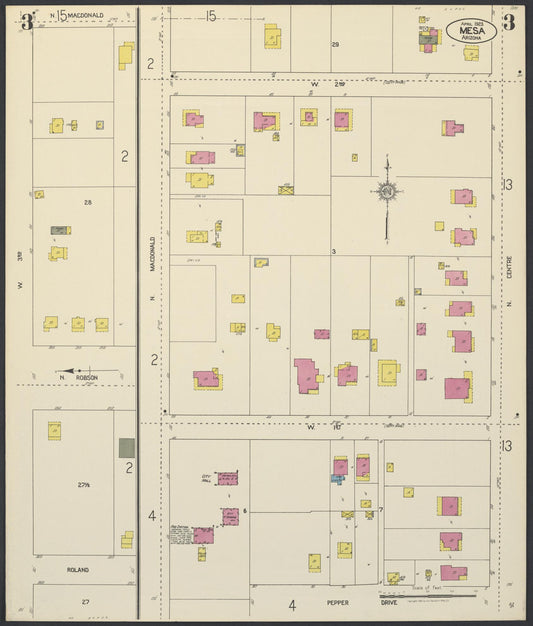 Sanborn Fire Insurance Map from Mesa, Maricopa County, Arizona (1923), Sheet #0003 - Historic Sanborn Fire Insurance Map Print, vintage old map wall art, antique decor, genealogy gift, Arizona Arizona map