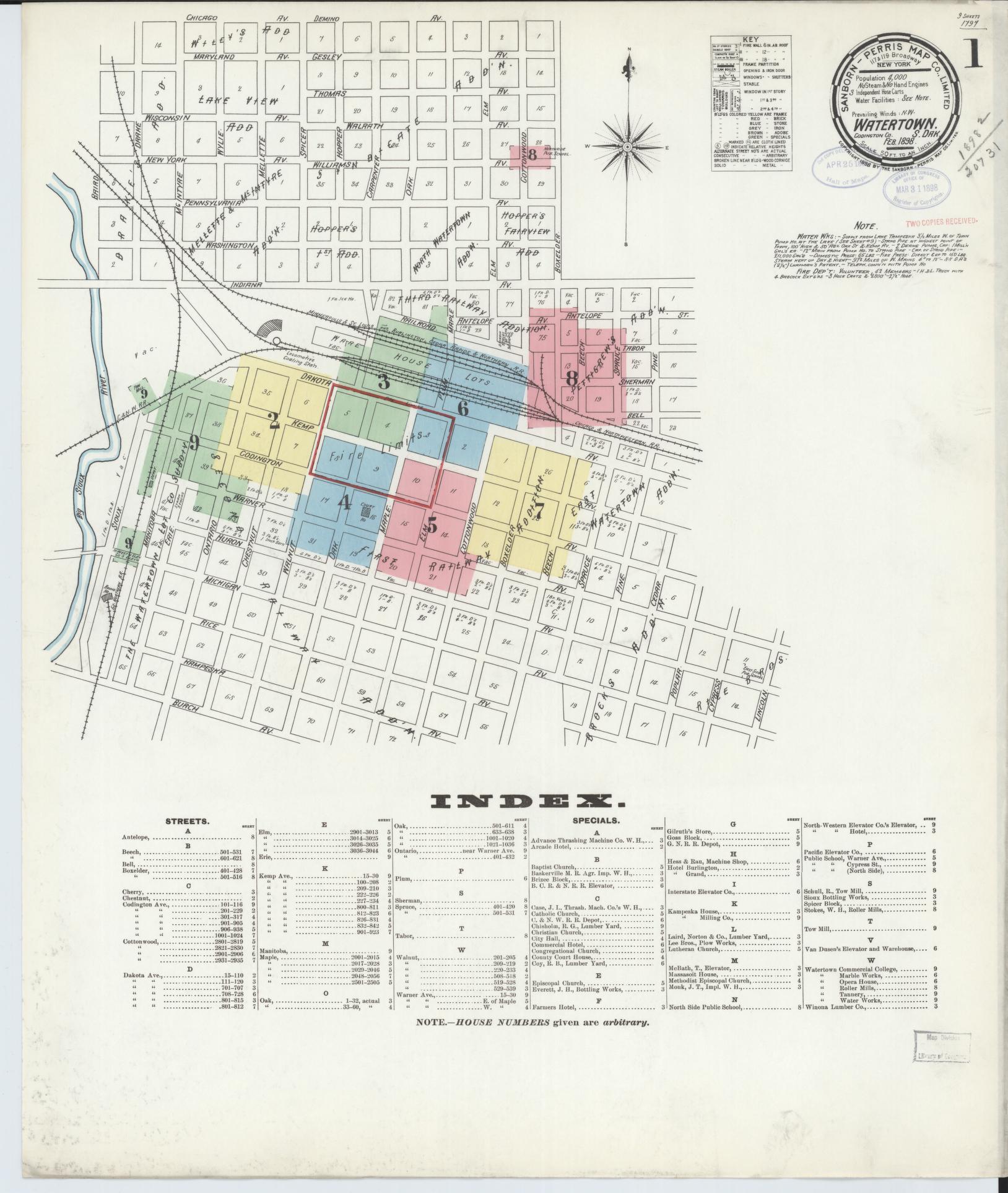 Sanborn Fire Insurance Map from Watertown, Codington County, South Dakota (1898), Sheet #0001 - Historic Sanborn Fire Insurance Map Print, vintage old map wall art, antique decor, genealogy gift, South Dakota South Dakota map