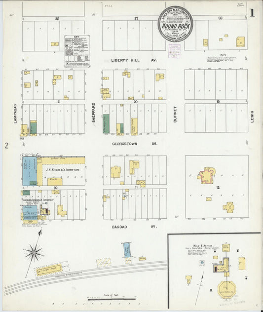Sanborn Fire Insurance Map from Round Rock, Williamson County, Texas (1902), Sheet #0001 - Historic Sanborn Fire Insurance Map Print, vintage old map wall art, antique decor, genealogy gift, Texas Texas map