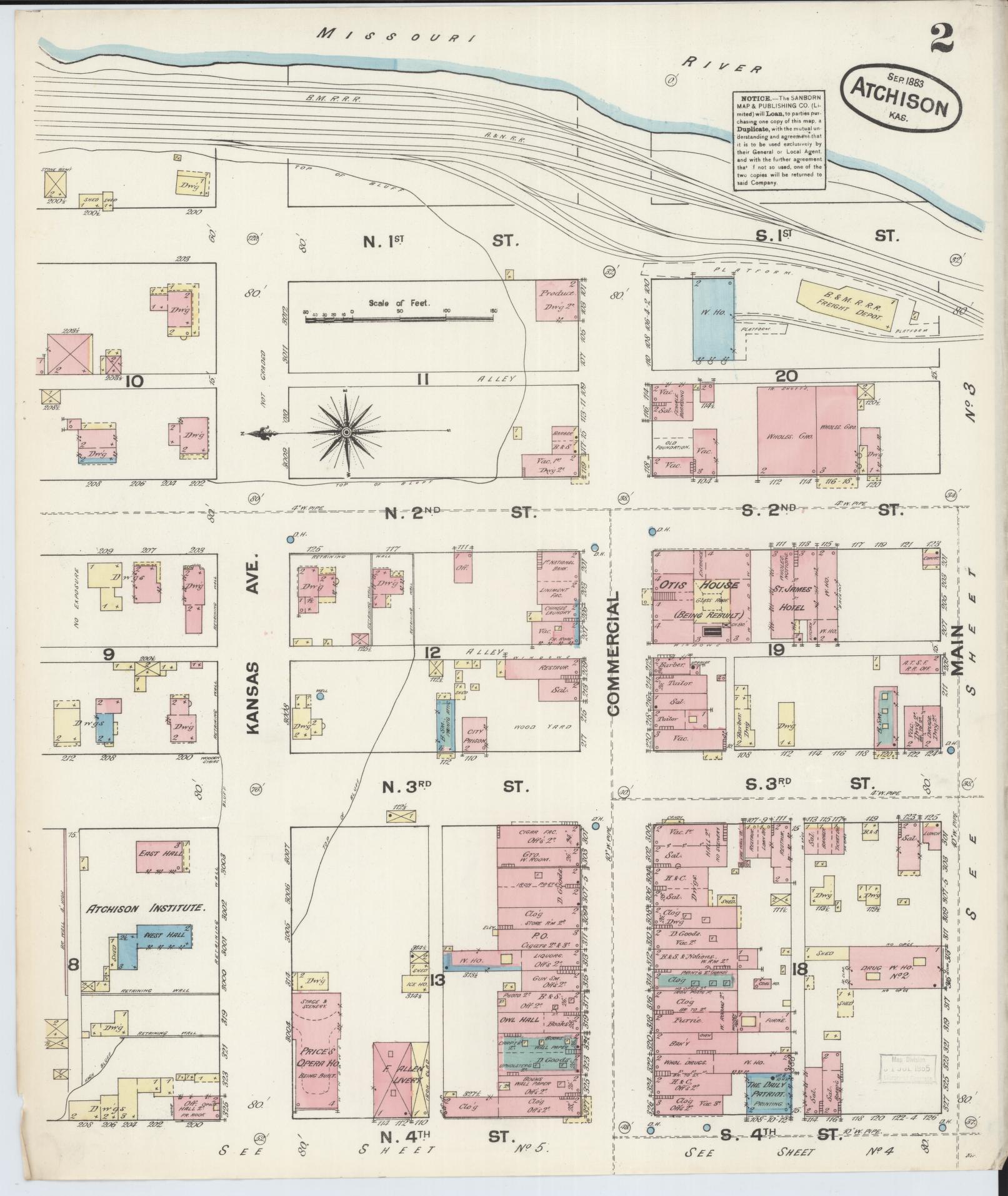 Sanborn Fire Insurance Map from Atchison, Atchison County, Kansas (1883), Sheet #0002 - Historic Sanborn Fire Insurance Map Print, vintage old map wall art, antique decor, genealogy gift, Kansas Kansas map