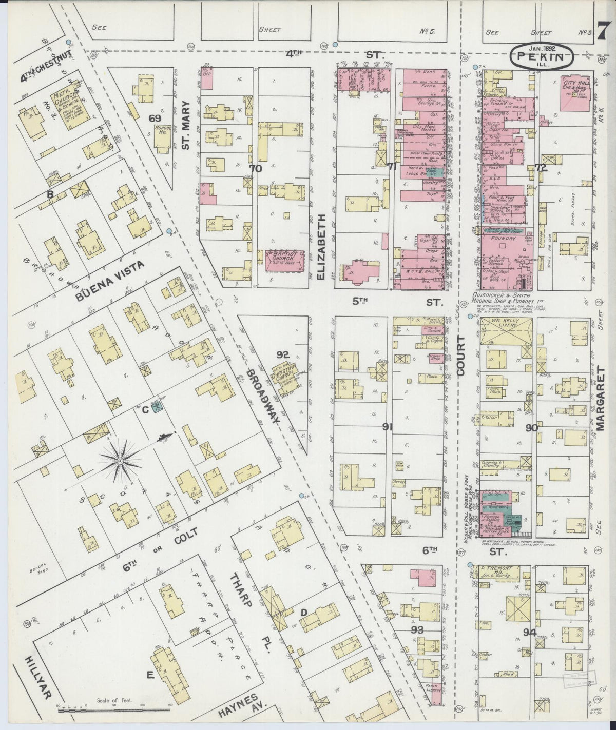 Sanborn Fire Insurance Map from Pekin, Tazewell County, Illinois (1892), Sheet #0007 - Historic Sanborn Fire Insurance Map Print, vintage old map wall art, antique decor, genealogy gift, Illinois Illinois map
