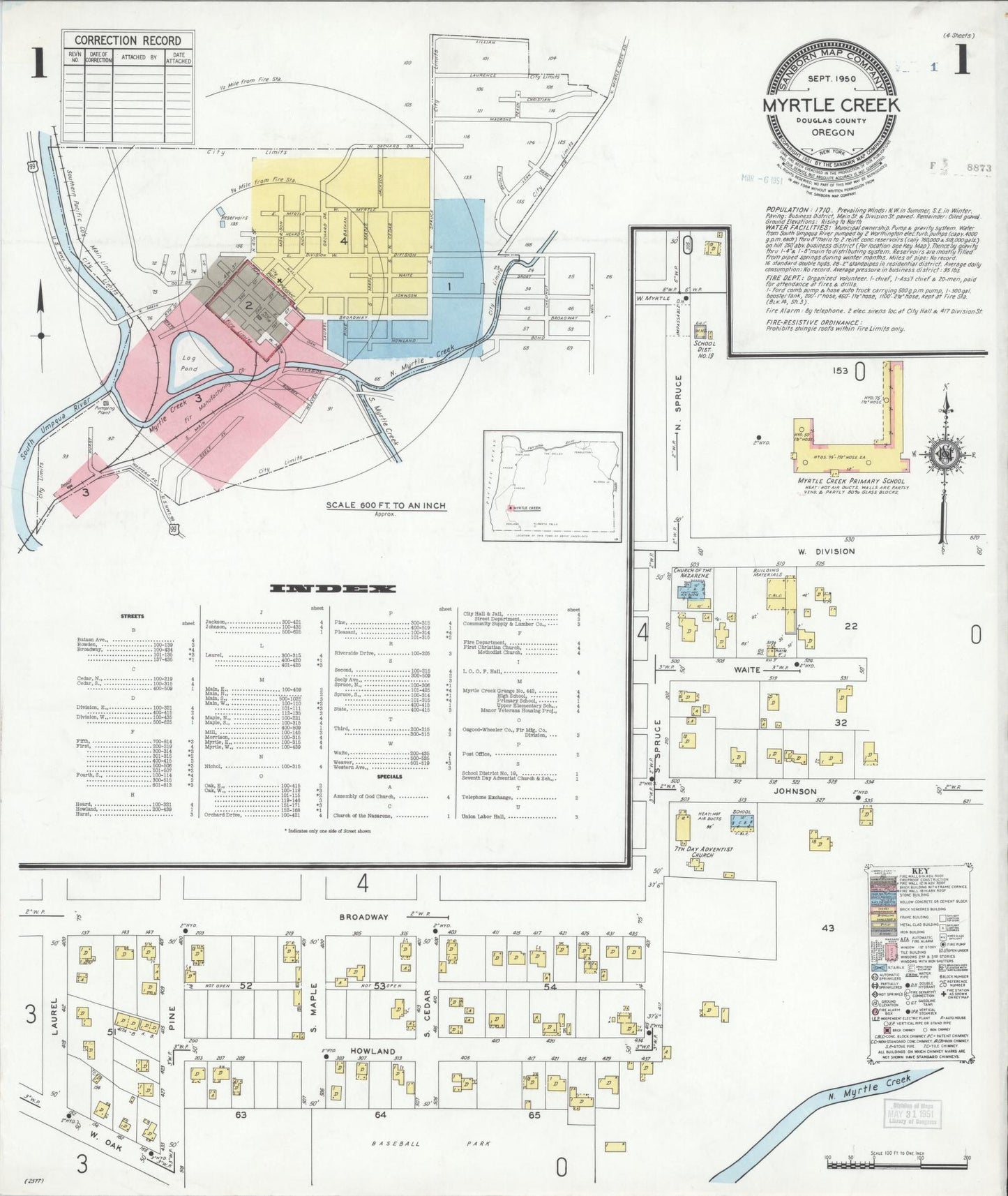 Sanborn Fire Insurance Map from Myrtle Creek, Douglas County, Oregon (1950), Sheet #0001 - Complete Map Set gallery image, historic Sanborn map, vintage wall art, Oregon Oregon
