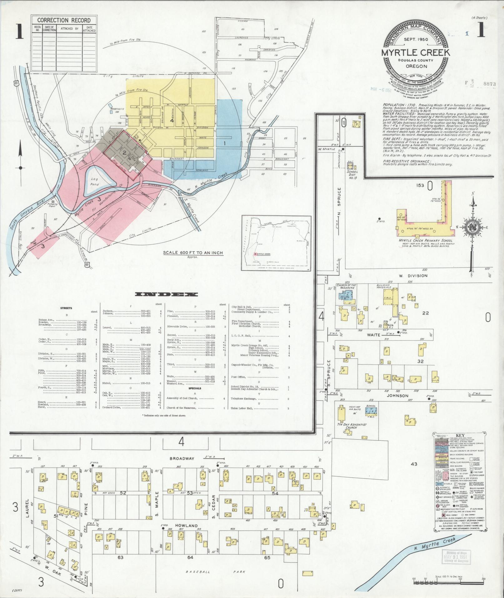 Sanborn Fire Insurance Map from Myrtle Creek, Douglas County, Oregon (1950), Sheet #0001 - Complete Map Set gallery image, historic Sanborn map, vintage wall art, Oregon Oregon