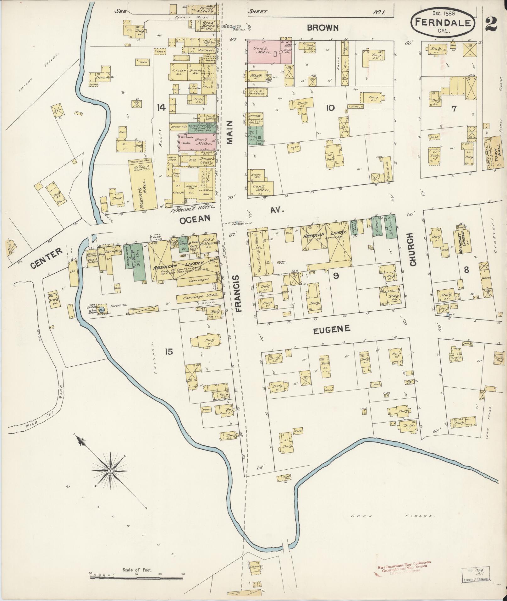 Sanborn Fire Insurance Map from Ferndale, Humboldt County, California (1889), Sheet #0002 - Historic Sanborn Fire Insurance Map Print, vintage old map wall art, antique decor, genealogy gift, California California map
