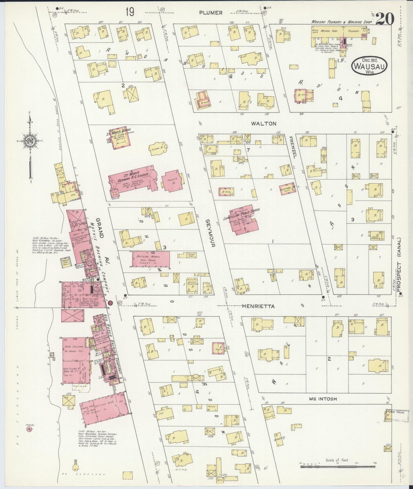 Sanborn Fire Insurance Map from Wausau, Marathon County, Wisconsin (1912), Sheet #0020 - Historic Sanborn Fire Insurance Map Print, vintage old map wall art, antique decor, genealogy gift, Wisconsin Wisconsin map