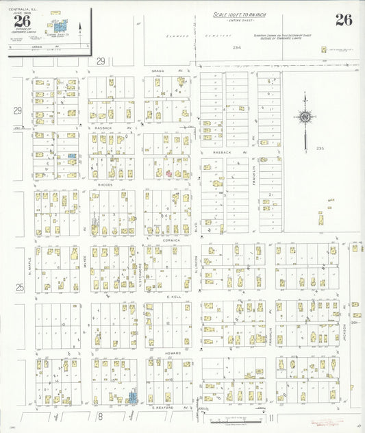 Sanborn Fire Insurance Map from Centralia, Marion, Clinton, Jefferson, and Washington Counties, Illinois (1938), Sheet #0026 - Historic Sanborn Fire Insurance Map Print, vintage old map wall art, antique decor, genealogy gift, Illinois Illinois map