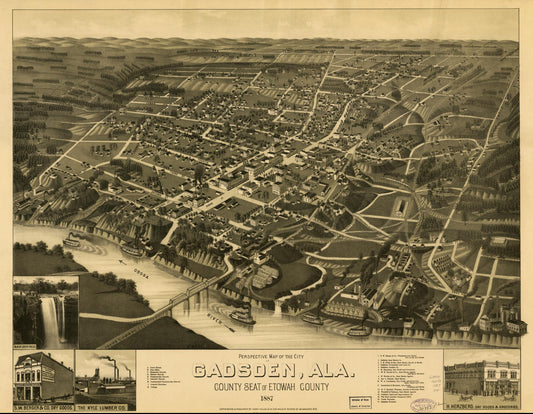 Perspective map of the city of Gadsden, Ala. county seat of Etowah County 1887. (1887) – Historic Bird’s-Eye View Panorama Print