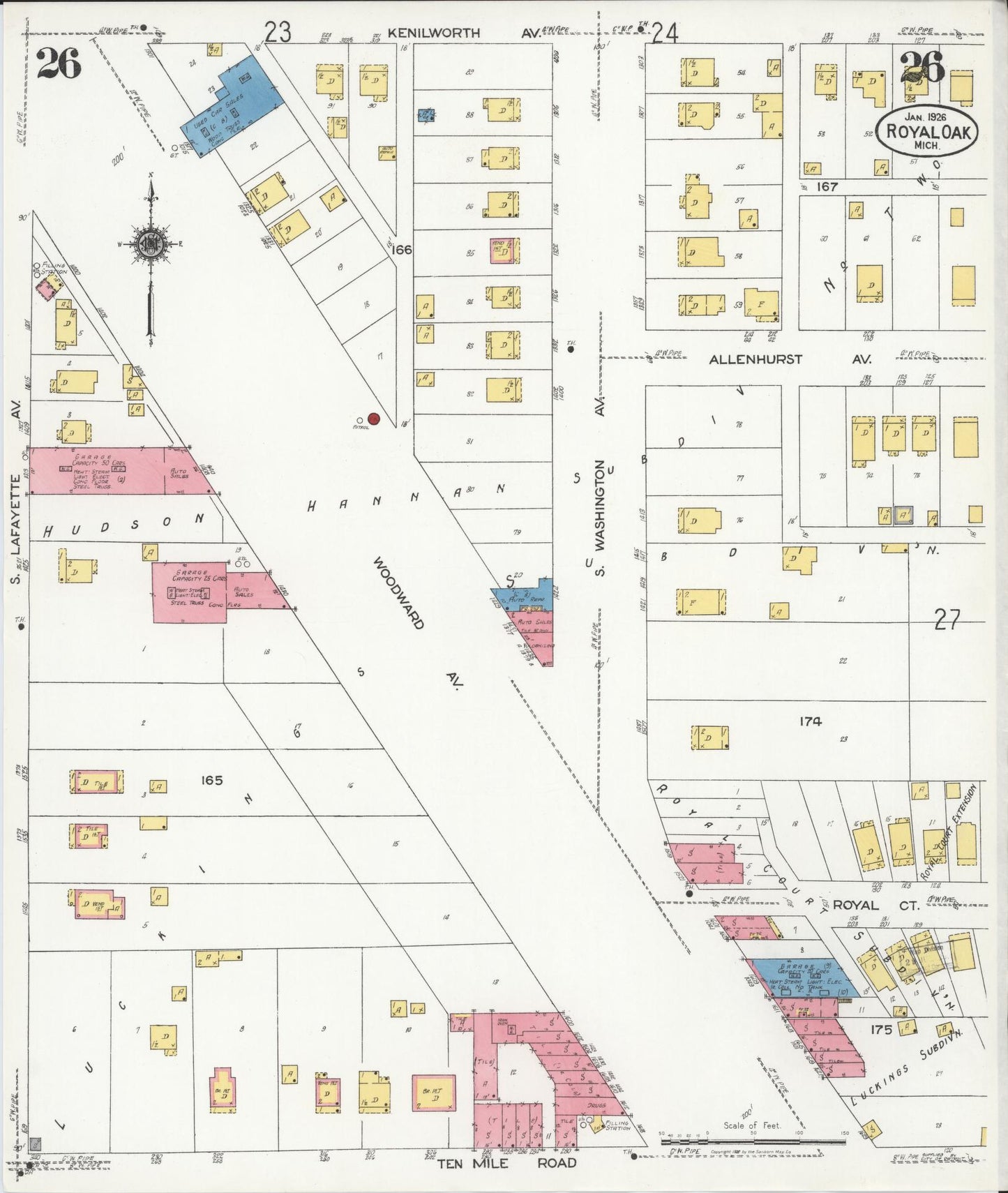 Sanborn Fire Insurance Map from Royal Oak, Oakland County, Michigan (1926), Sheet #0026 - Complete Map Set gallery image, historic Sanborn map, vintage wall art, Michigan Michigan