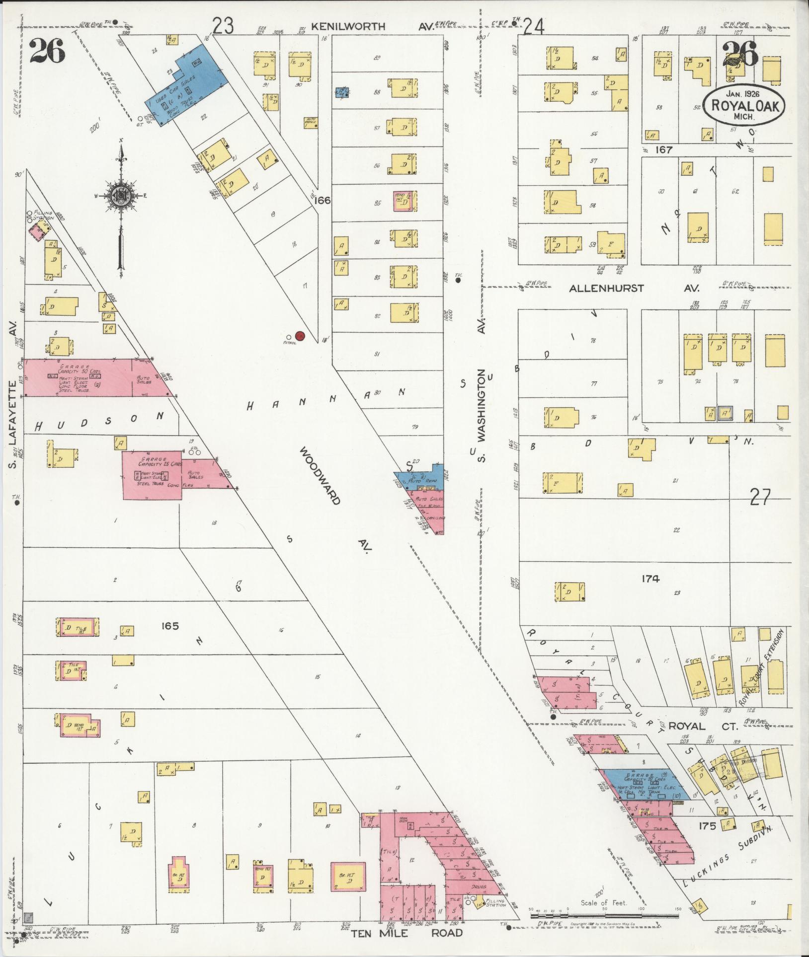 Sanborn Fire Insurance Map from Royal Oak, Oakland County, Michigan (1926), Sheet #0026 - Complete Map Set gallery image, historic Sanborn map, vintage wall art, Michigan Michigan