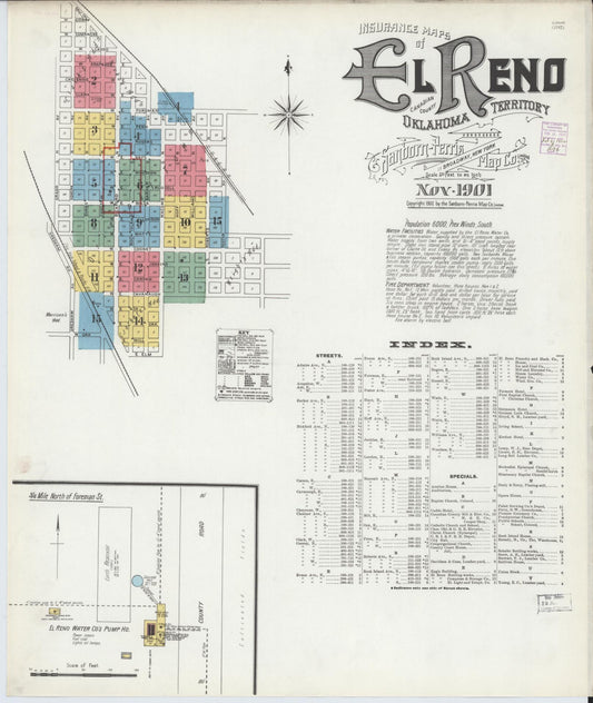 Sanborn Fire Insurance Map from El Reno, Canadian County, Oklahoma (1901), Sheet #0001 - Historic Sanborn Fire Insurance Map Print, vintage old map wall art, antique decor, genealogy gift, Oklahoma Oklahoma map