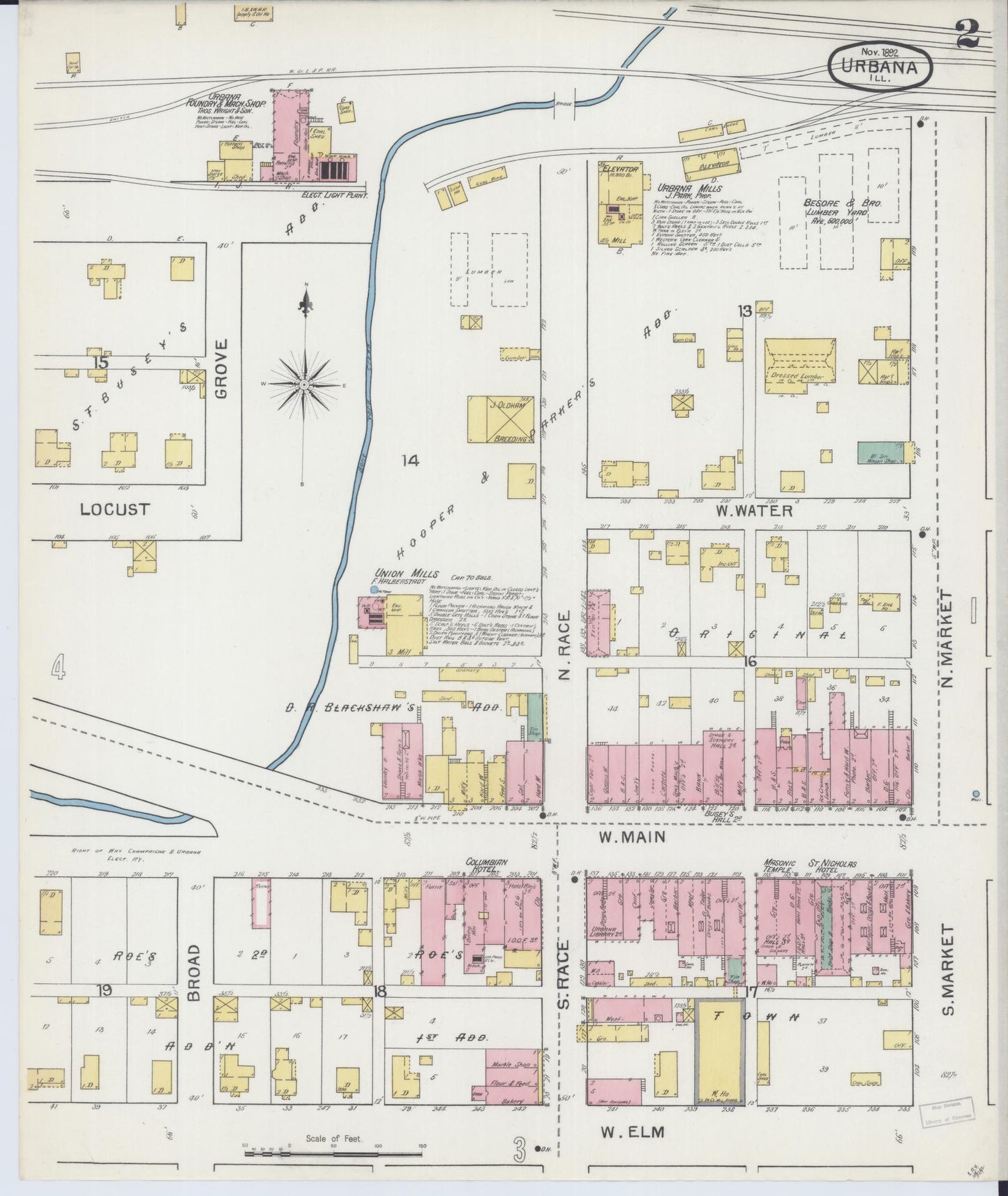 Sanborn Fire Insurance Map from Urbana, Champaign County, Illinois (1892), Sheet #0002 - Complete Map Set gallery image, historic Sanborn map, vintage wall art, Illinois Illinois