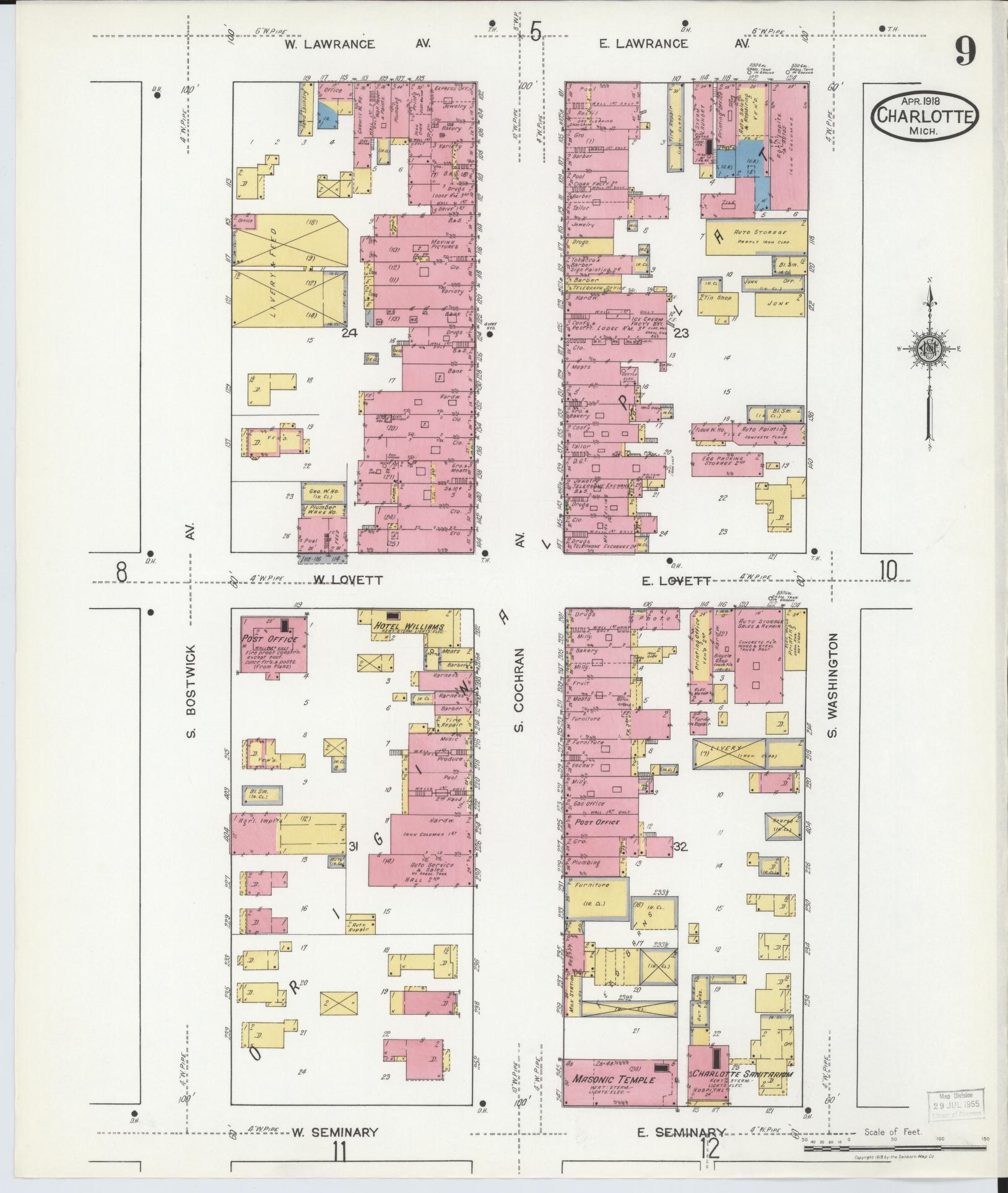 Sanborn Fire Insurance Map from Charlotte, Eaton County, Michigan (1918), Sheet #0009 - Complete Map Set gallery image, historic Sanborn map, vintage wall art, Michigan Michigan