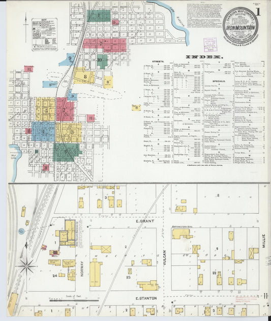 Sanborn Fire Insurance Map from Iron Mountain, Dickinson County, Michigan (1904), Sheet #0001 - Historic Sanborn Fire Insurance Map Print, vintage old map wall art, antique decor, genealogy gift, Michigan Michigan map