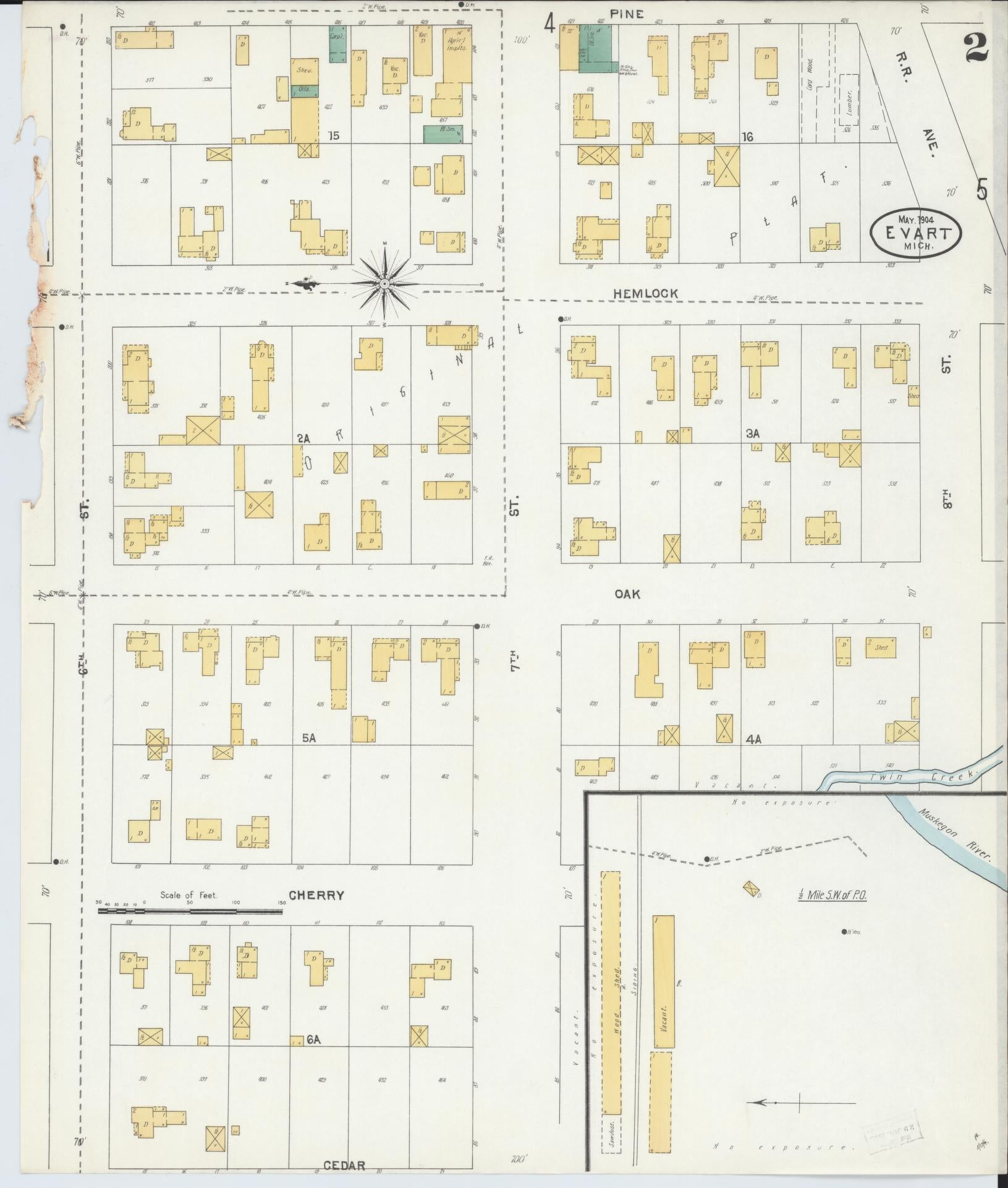 Sanborn Fire Insurance Map from Evart, Osceola County, Michigan (1904), Sheet #0002 - Historic Sanborn Fire Insurance Map Print, vintage old map wall art, antique decor, genealogy gift, Michigan Michigan map
