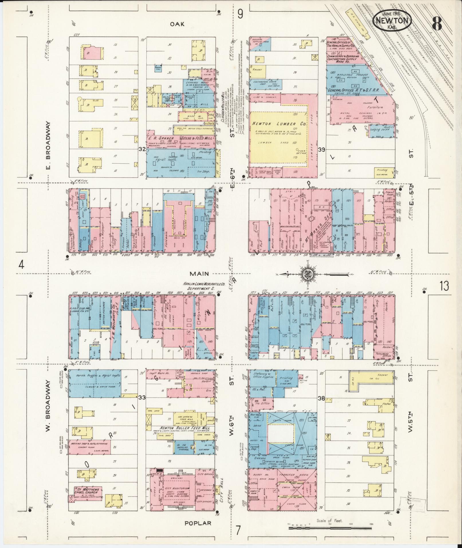 Sanborn Fire Insurance Map from Newton, Harvey County, Kansas (1915), Sheet #0008 - Historic Sanborn Fire Insurance Map Print, vintage old map wall art, antique decor, genealogy gift, Kansas Kansas map