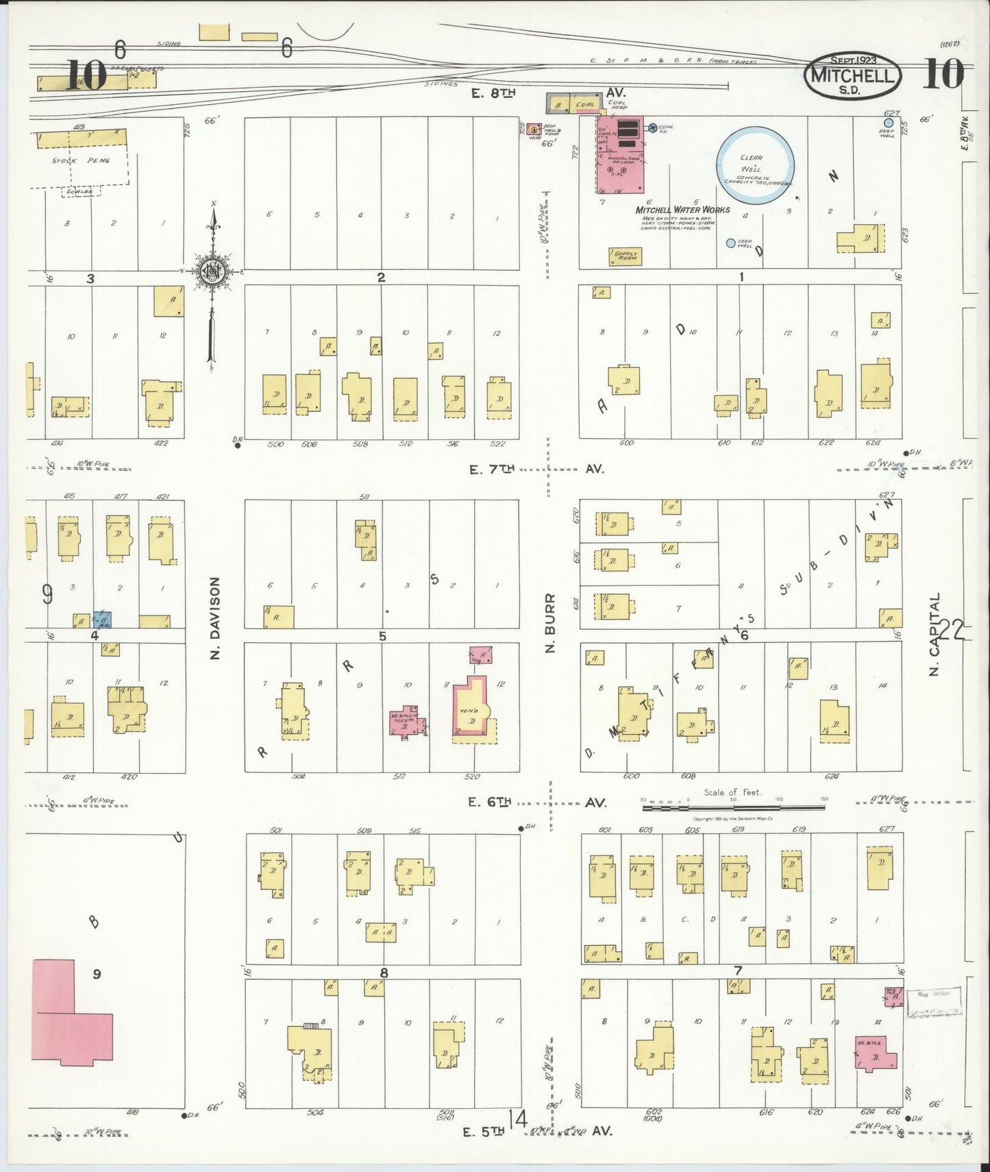 Sanborn Fire Insurance Map from Mitchell, Davison County, South Dakota (1923), Sheet #0010 - Historic Sanborn Fire Insurance Map Print, vintage old map wall art, antique decor, genealogy gift, South Dakota South Dakota map