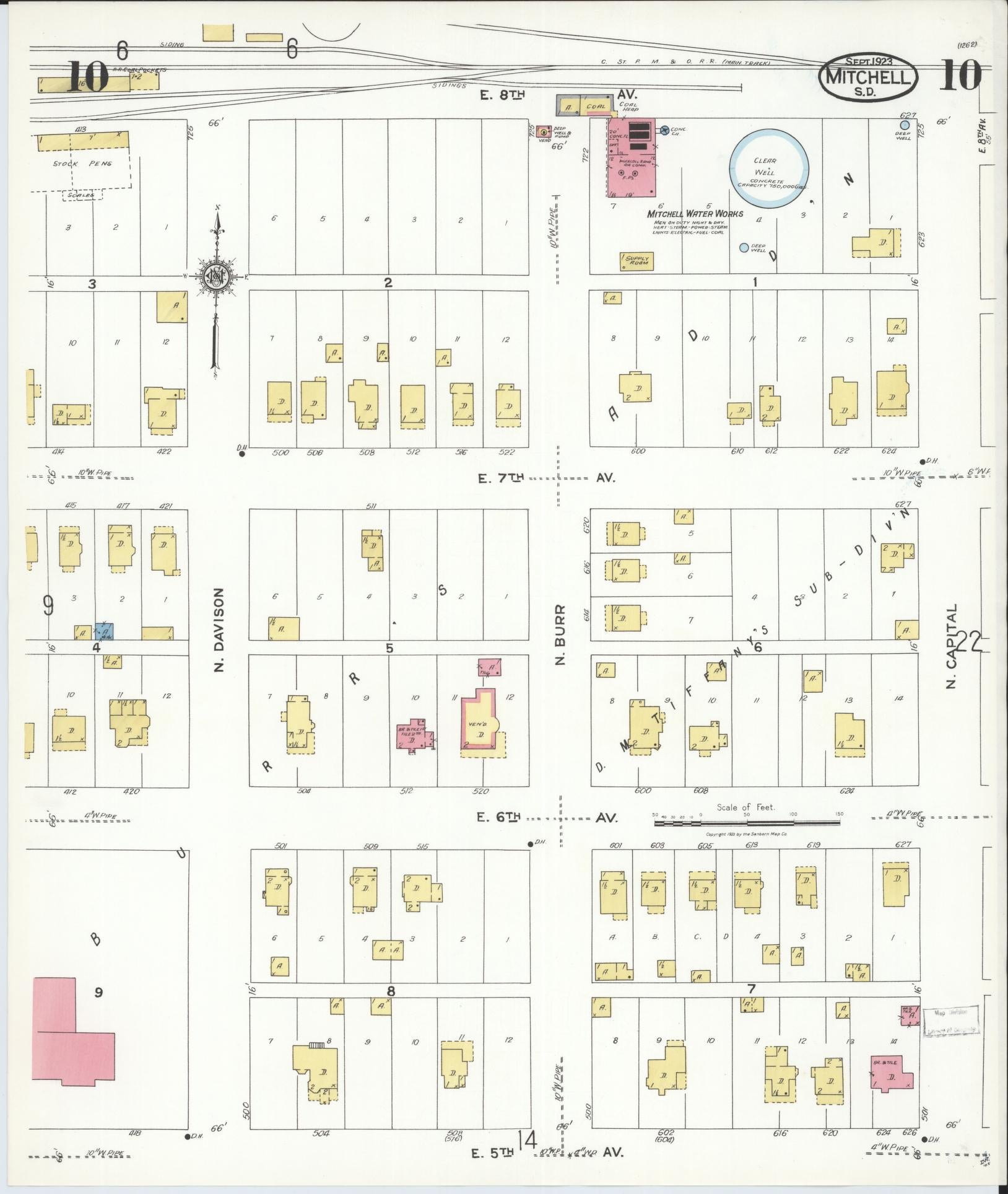 Sanborn Fire Insurance Map from Mitchell, Davison County, South Dakota (1923), Sheet #0010 - Historic Sanborn Fire Insurance Map Print, vintage old map wall art, antique decor, genealogy gift, South Dakota South Dakota map