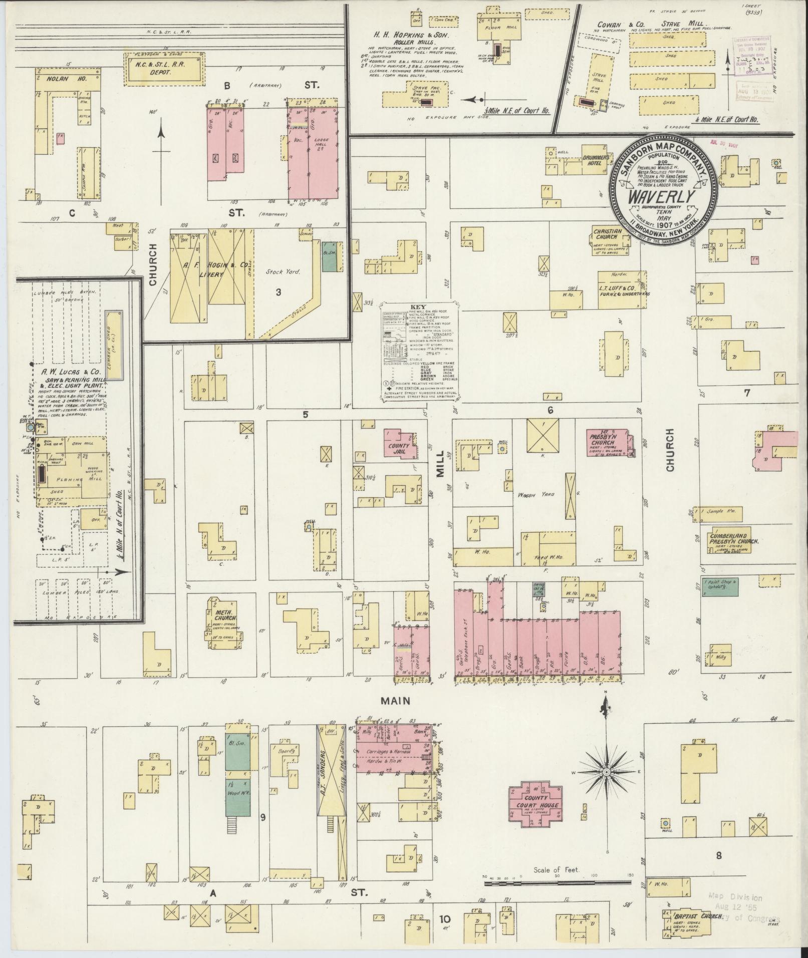 Sanborn Fire Insurance Map from Waverly, Humphreys  County, Tennessee. (1907) – Historic Sanborn Fire Insurance Map Print