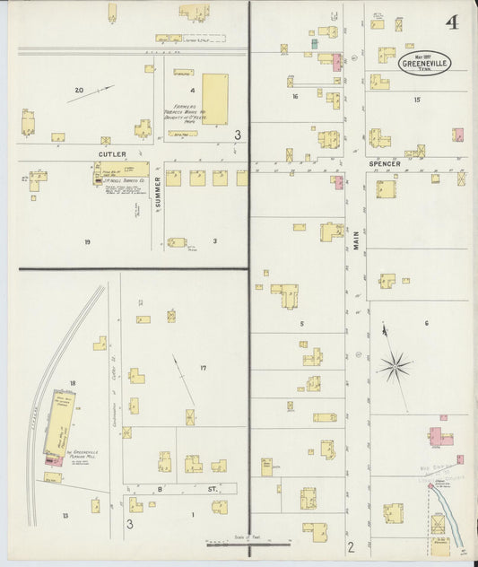 Sanborn Fire Insurance Map from Greeneville, Greene County, Tennessee (1897), Sheet #0004 - Historic Sanborn Fire Insurance Map Print, vintage old map wall art, antique decor, genealogy gift, Tennessee Tennessee map