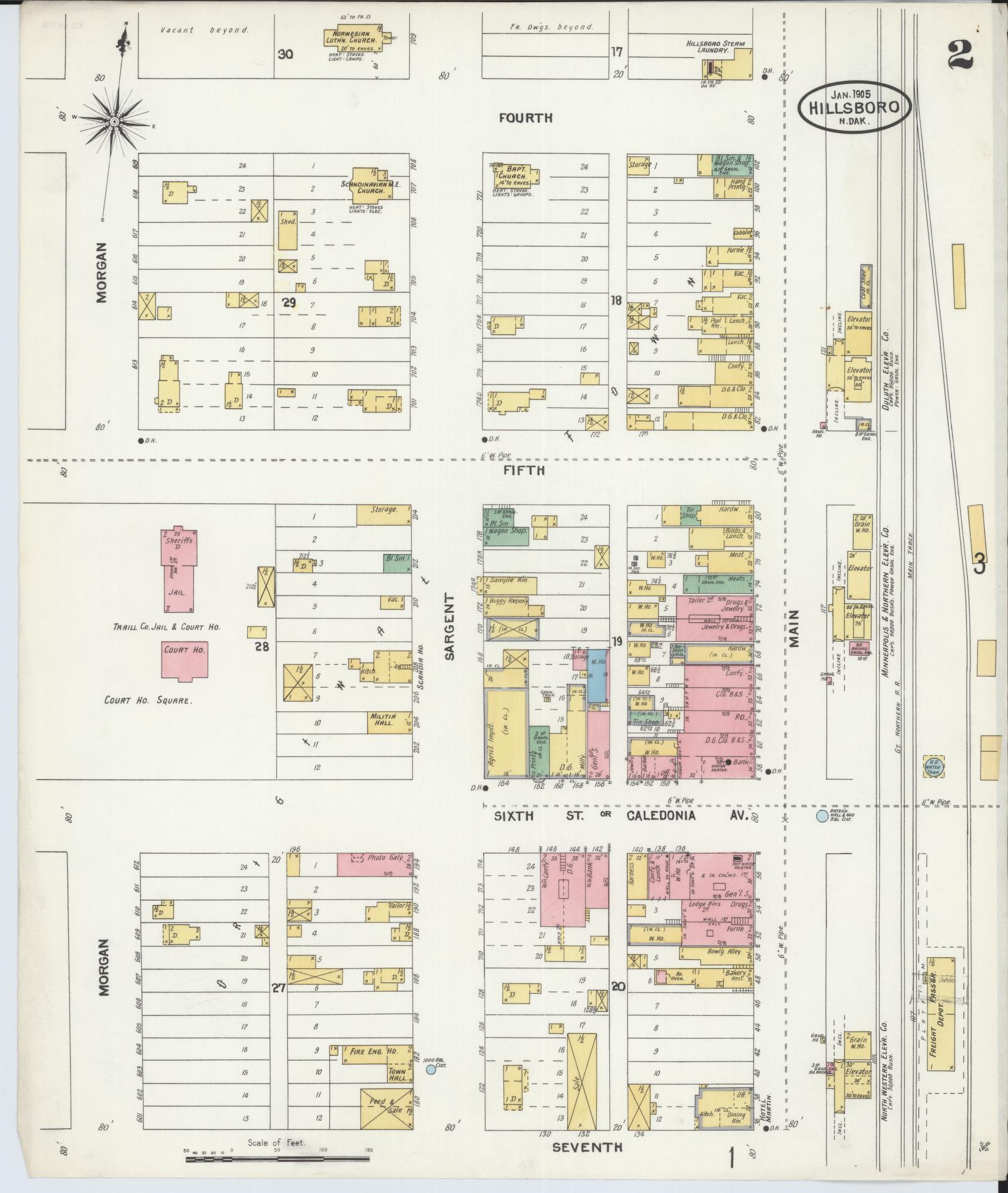 Sanborn Fire Insurance Map from Hillsboro, Traill County, North Dakota (1905), Sheet #0002 - Complete Map Set gallery image, historic Sanborn map, vintage wall art, North Dakota North Dakota