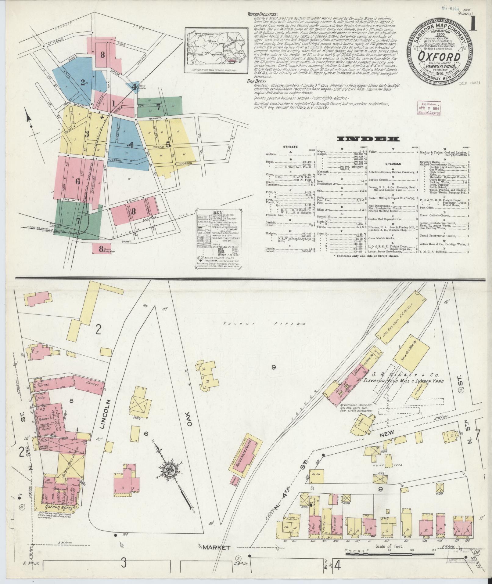Sanborn Fire Insurance Map from Oxford, Chester County, Pennsylvania (1914), Sheet #0001 - Complete Map Set gallery image, historic Sanborn map, vintage wall art, Pennsylvania Pennsylvania