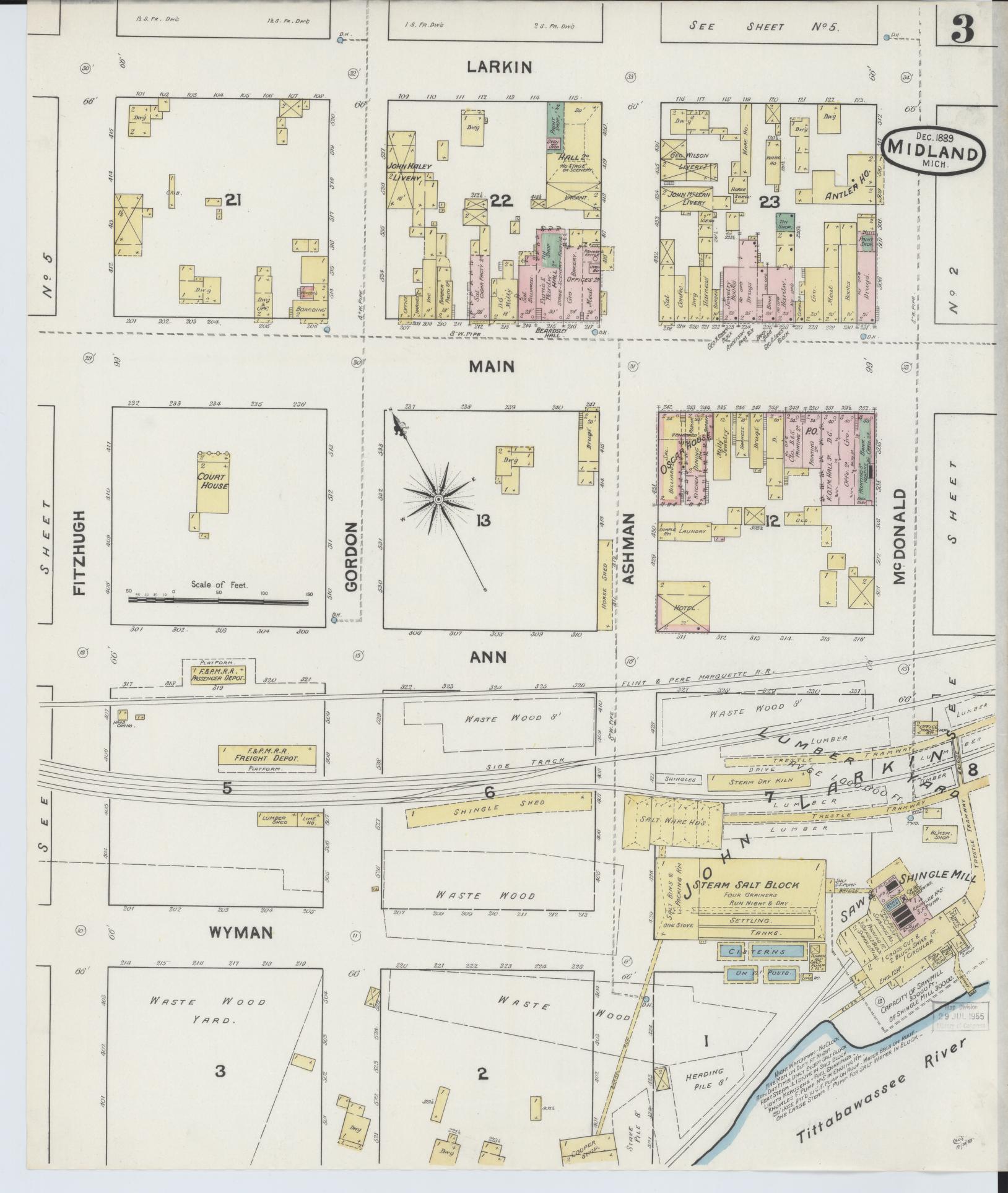 Sanborn Fire Insurance Map from Midland, Midland County, Michigan (1889), Sheet #0003 - Historic Sanborn Fire Insurance Map Print, vintage old map wall art, antique decor, genealogy gift, Michigan Michigan map