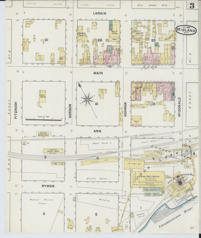Sanborn Fire Insurance Map from Midland, Midland County, Michigan (1889), Sheet #0003 - Historic Sanborn Fire Insurance Map Print, vintage old map wall art, antique decor, genealogy gift, Michigan Michigan map