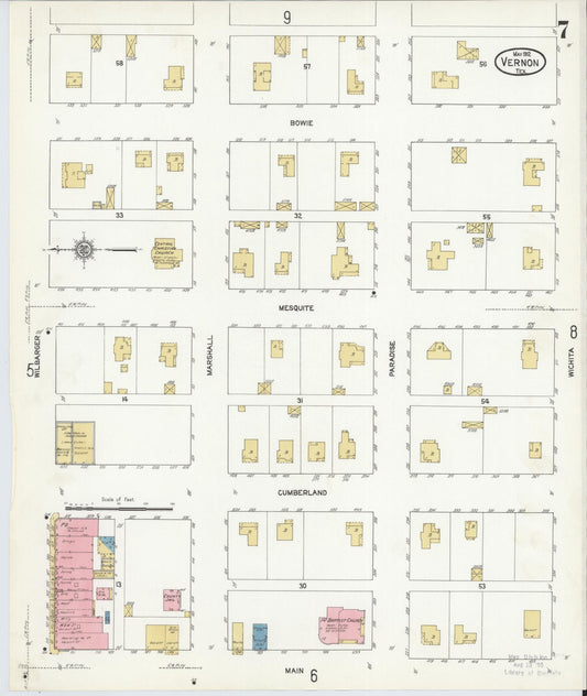 Sanborn Fire Insurance Map from Vernon, Wilbarger County, Texas (1912), Sheet #0007 - Historic Sanborn Fire Insurance Map Print, vintage old map wall art, antique decor, genealogy gift, Texas Texas map