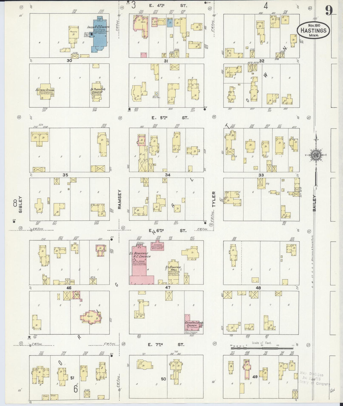 Sanborn Fire Insurance Map from Hastings, Dakota County, Minnesota (1910), Sheet #0009 - Historic Sanborn Fire Insurance Map Print, vintage old map wall art, antique decor, genealogy gift, Minnesota Minnesota map