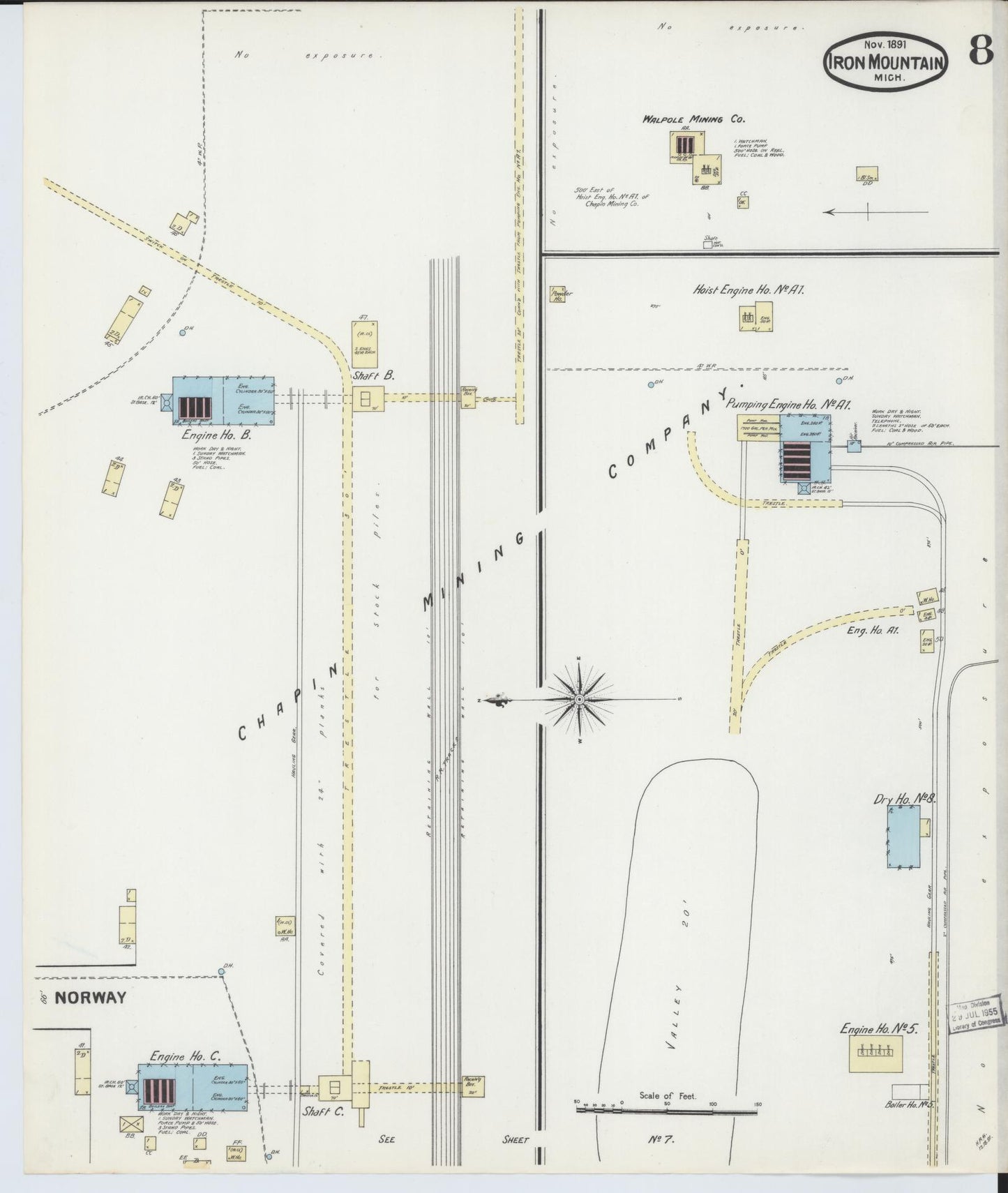 Sanborn Fire Insurance Map from Iron Mountain, Dickinson County, Michigan (1891), Sheet #0008 - Complete Map Set gallery image, historic Sanborn map, vintage wall art, Michigan Michigan